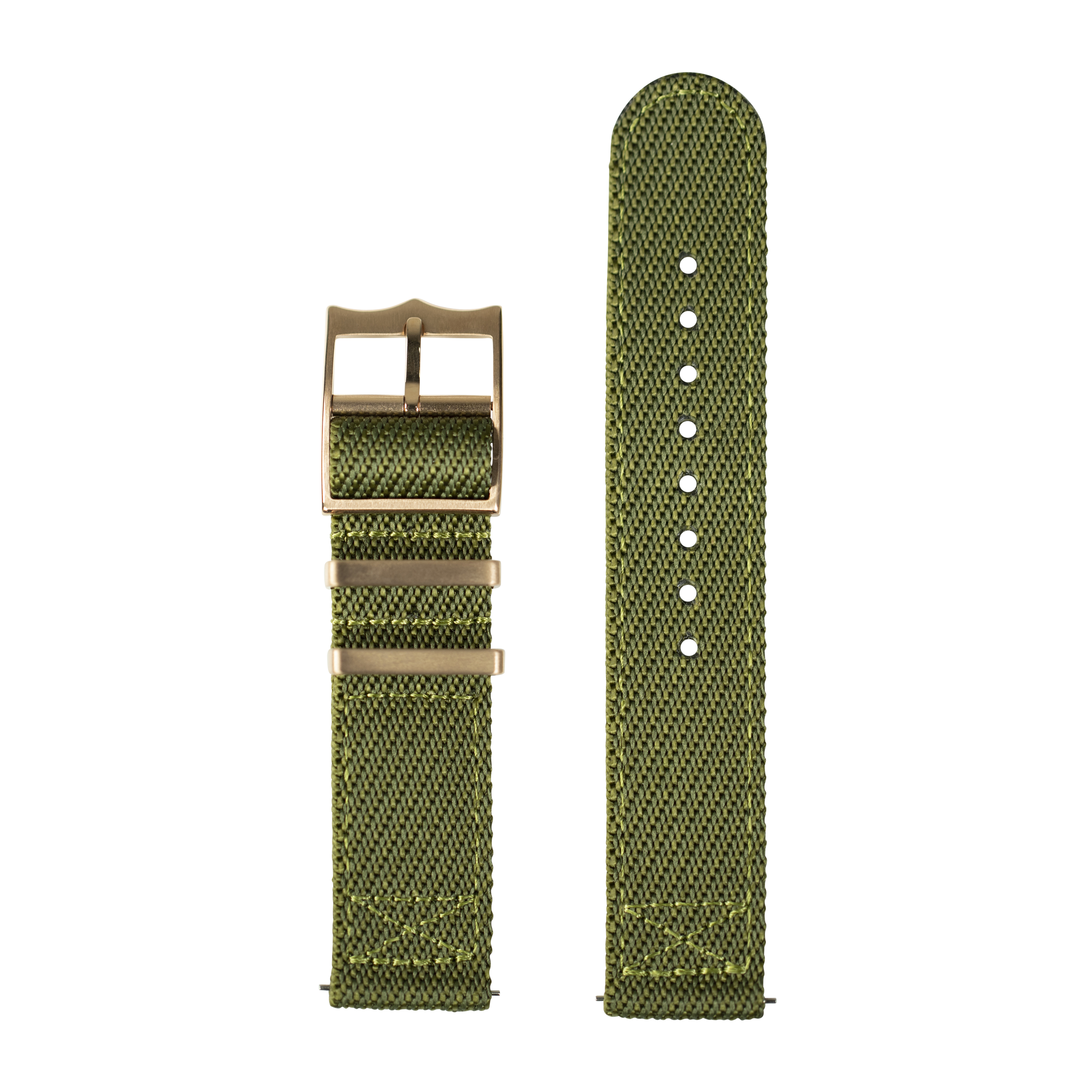 Olive green fabric watch strap with rose gold buckle and adjustment holes, 26mm quick-fit design
