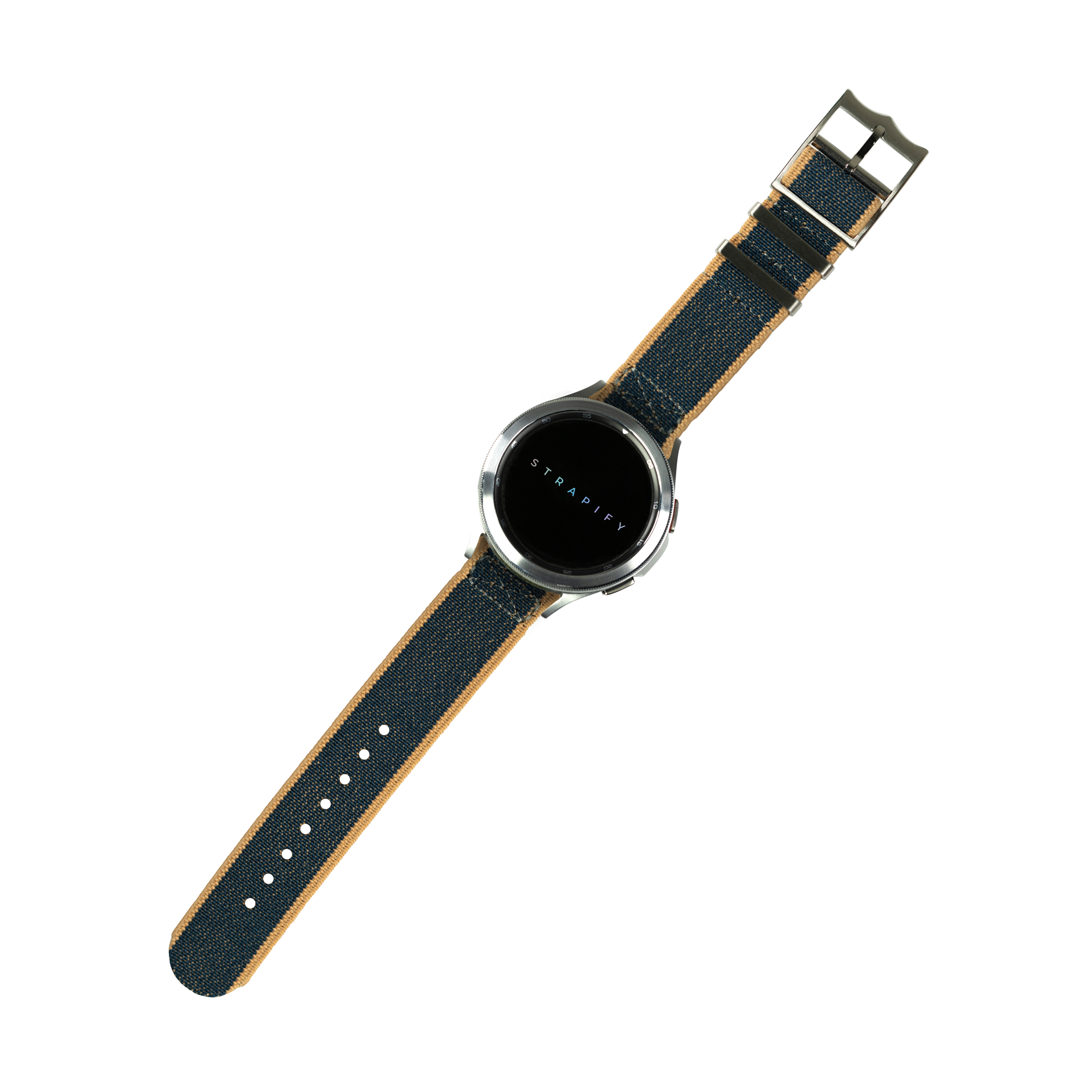 Stradify smartwatch with denim blue and wheat tan fabric strap, black digital display, adjustable 22mm quick-fit band
