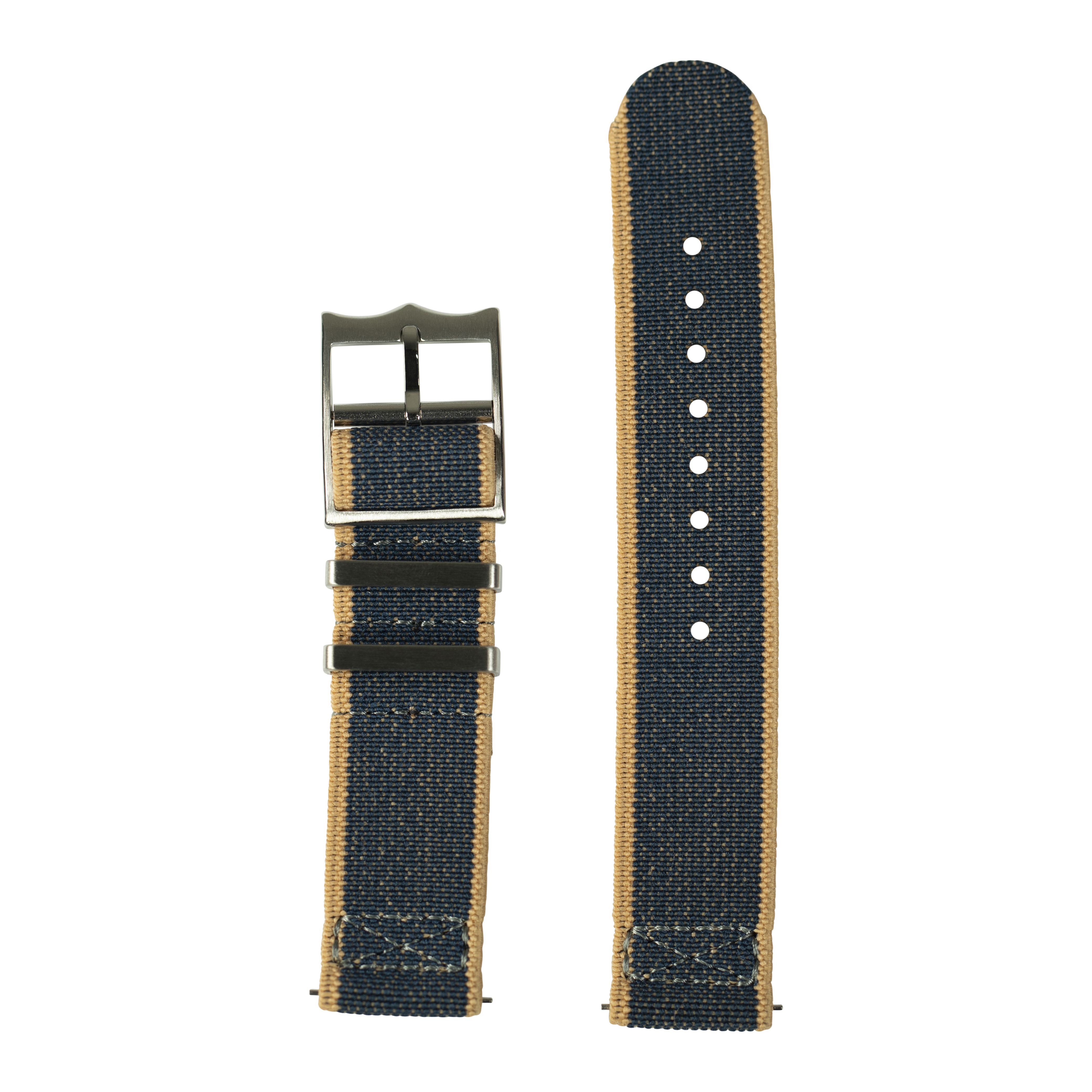 Denim and wheat canvas QuickFit watch band 22mm with gunmetal buckle, shown attached and unattached