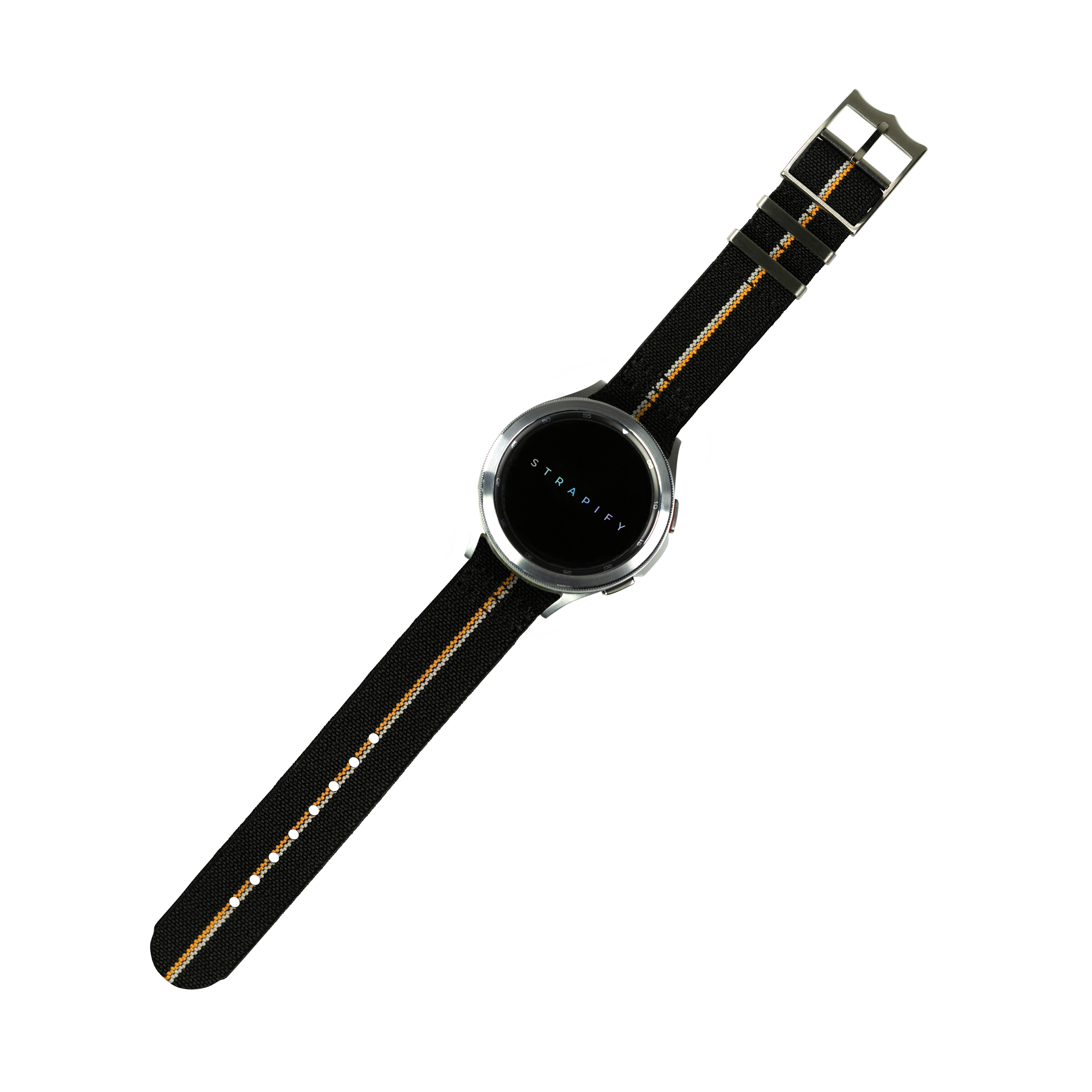 Stradify ElastoFlex black fabric watch band with orange and white stripes, 26mm quick-fit strap with steel buckle