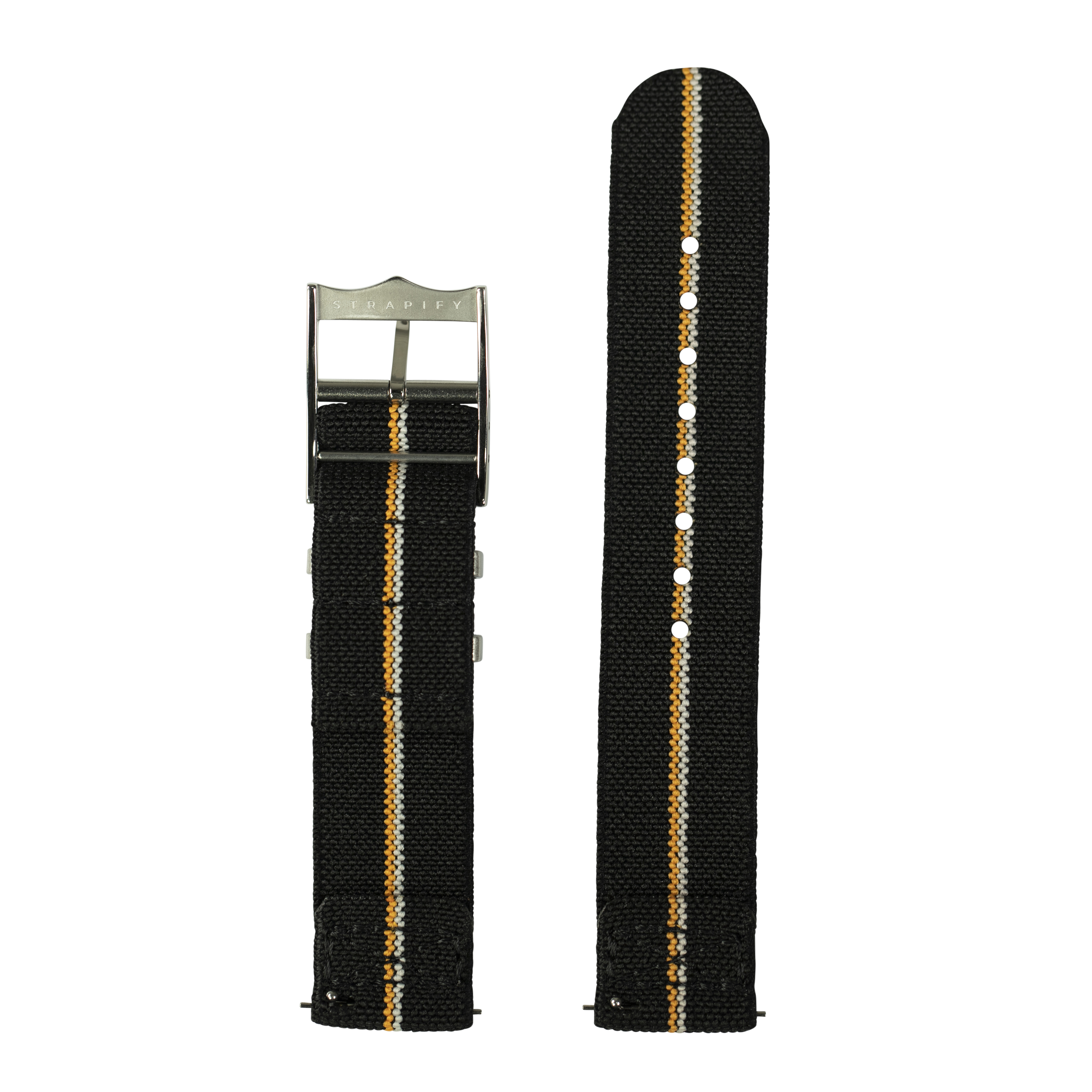 Black nylon watch band with orange and white stripe, QuickFit compatible, shown fastened and unfastened with metal buckle