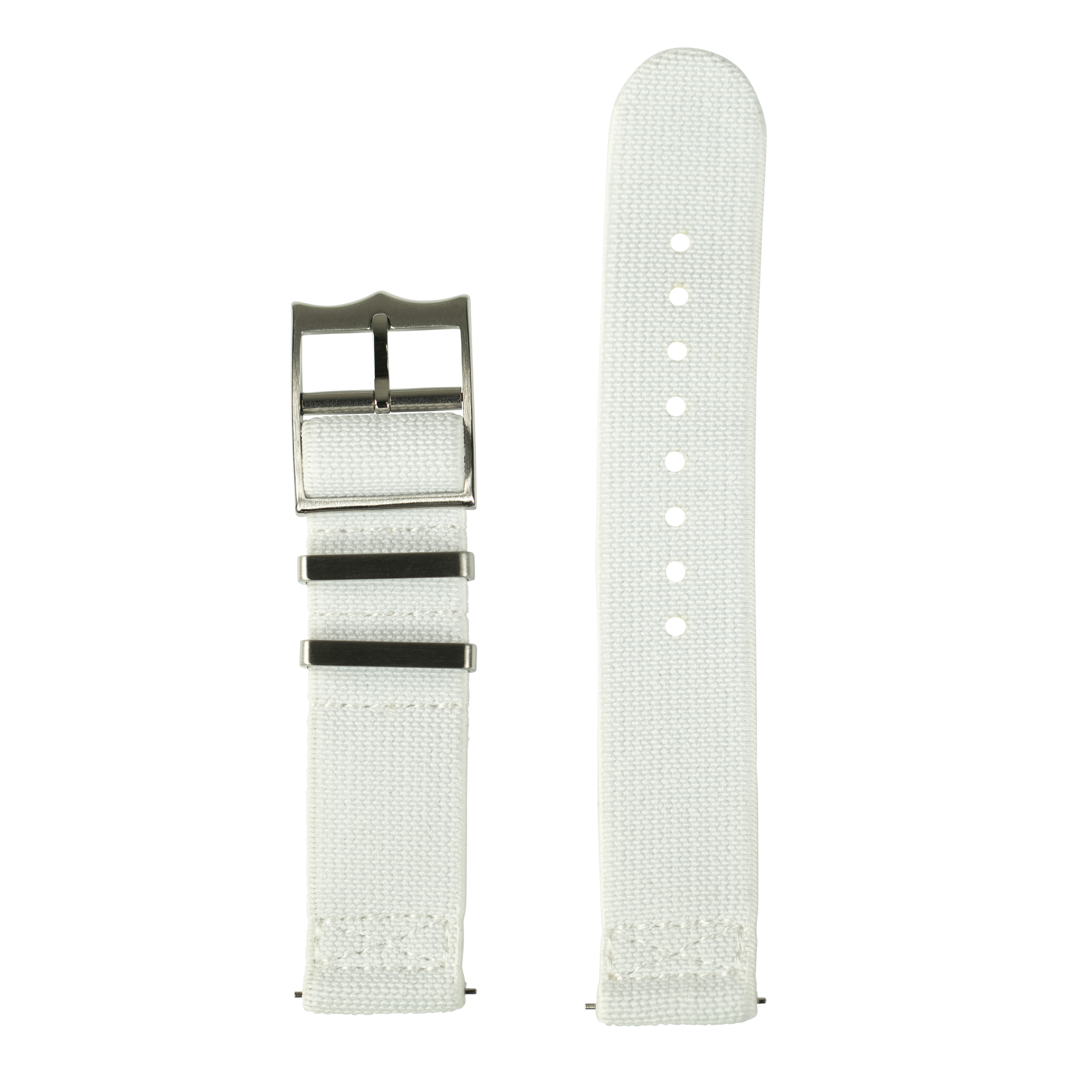 White canvas watch strap 22mm with silver buckle and adjustment holes, shown folded and flat