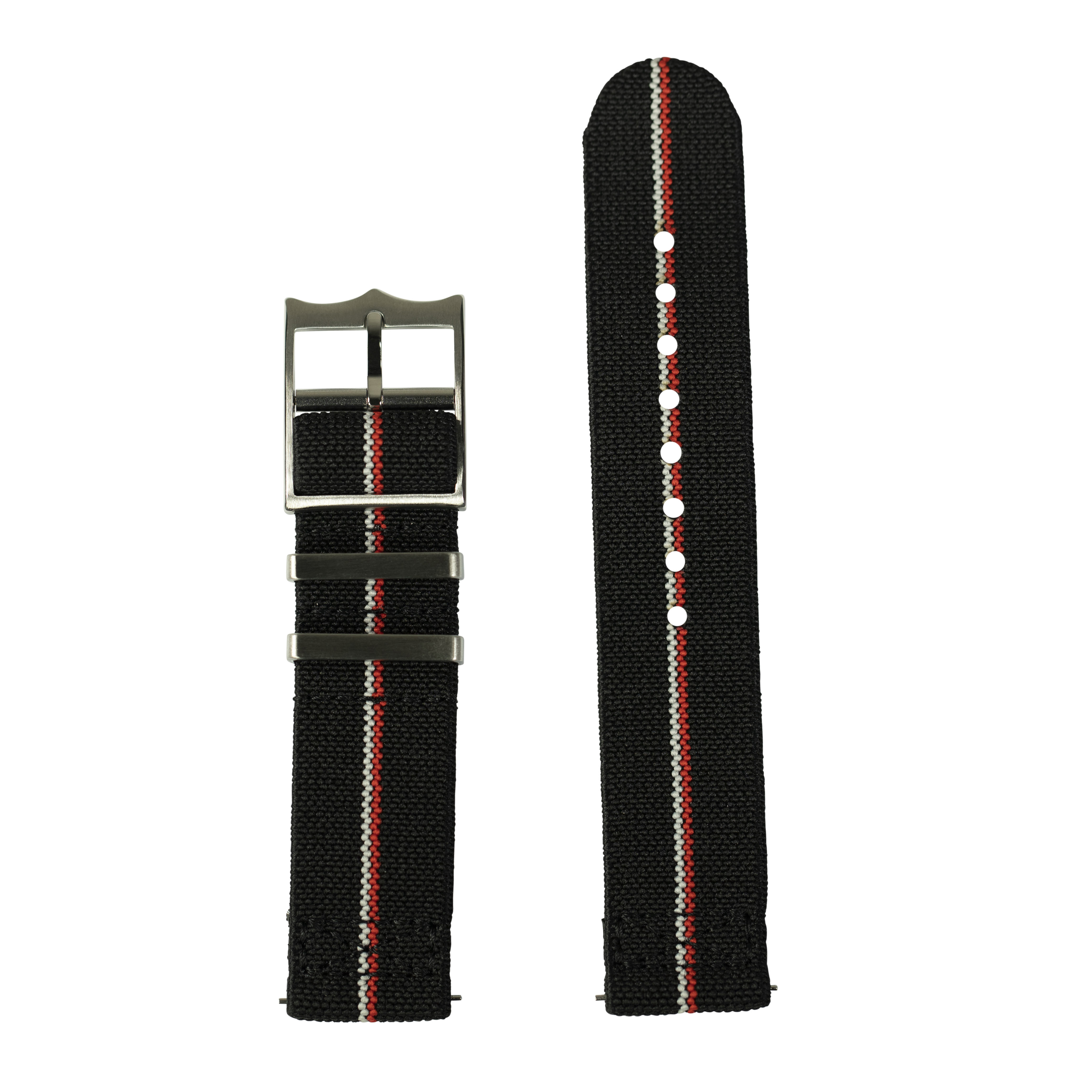 Black canvas watch strap with red and white stripe, stainless steel buckle, 26mm QuickFlex band