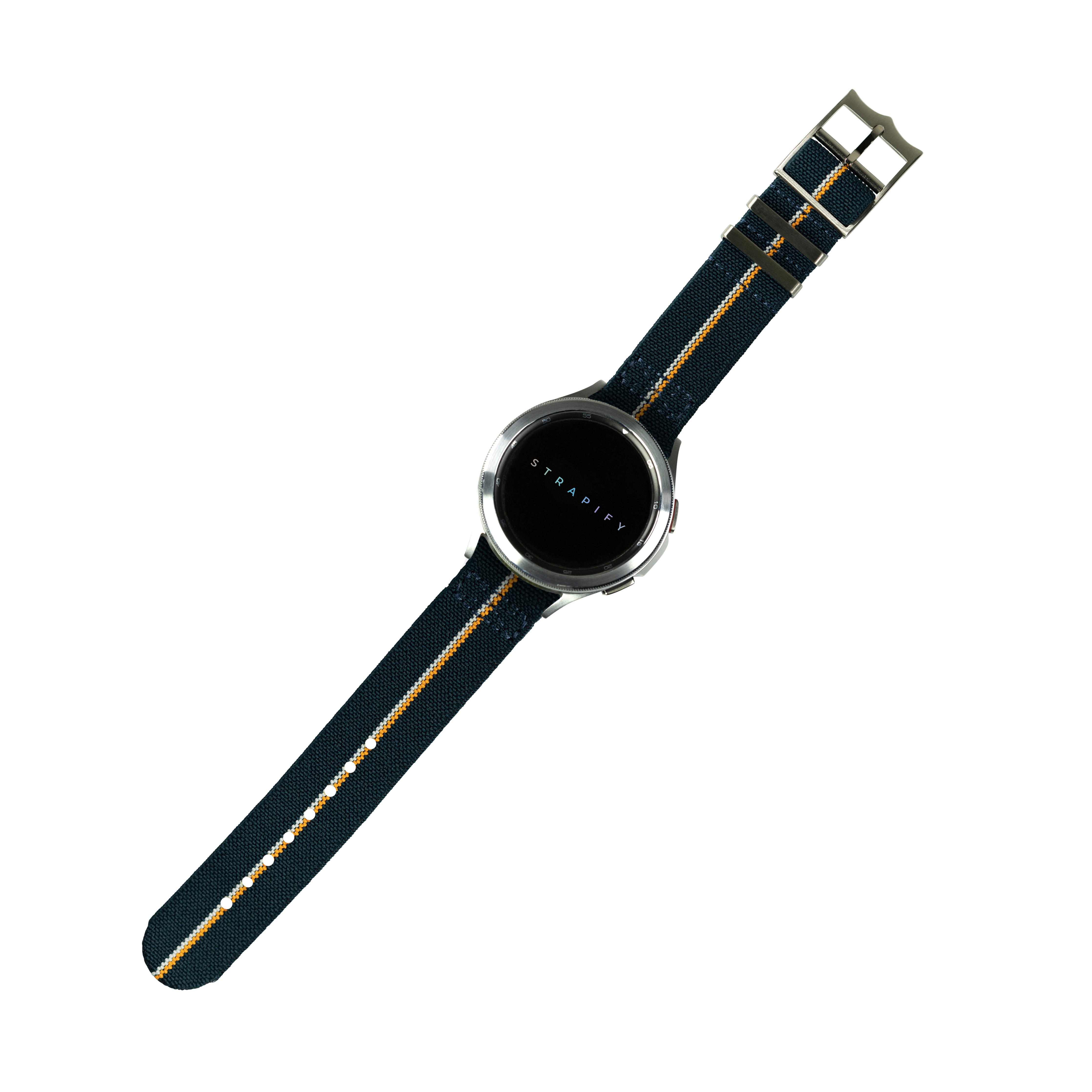 Stradify smartwatch with navy blue elastic fabric strap featuring orange and white stripes, silver round case with black dial