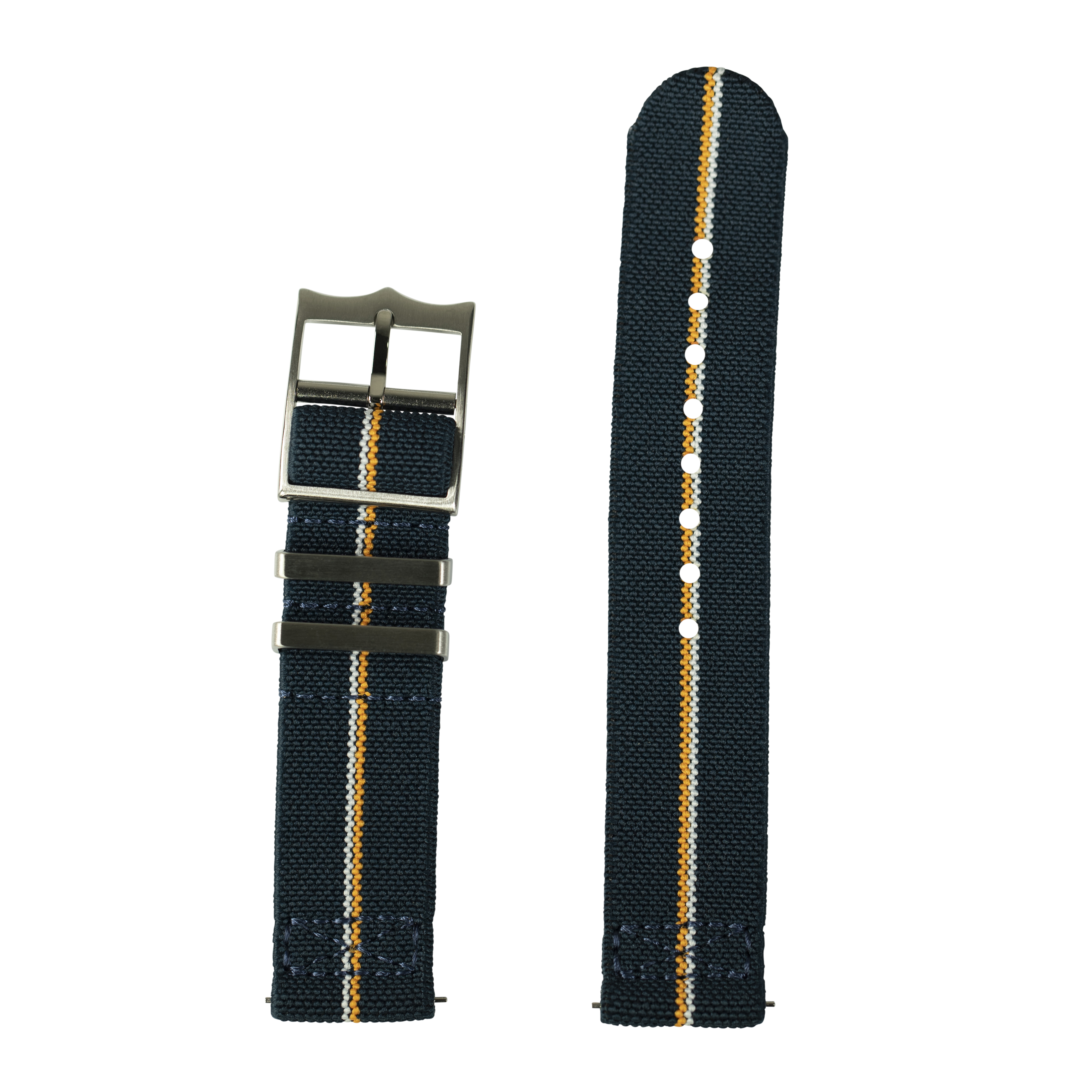 Black fabric watch strap with yellow and white stripe, 22mm QuickFit ElastoFlex band with metal buckle shown fastened and unfastened