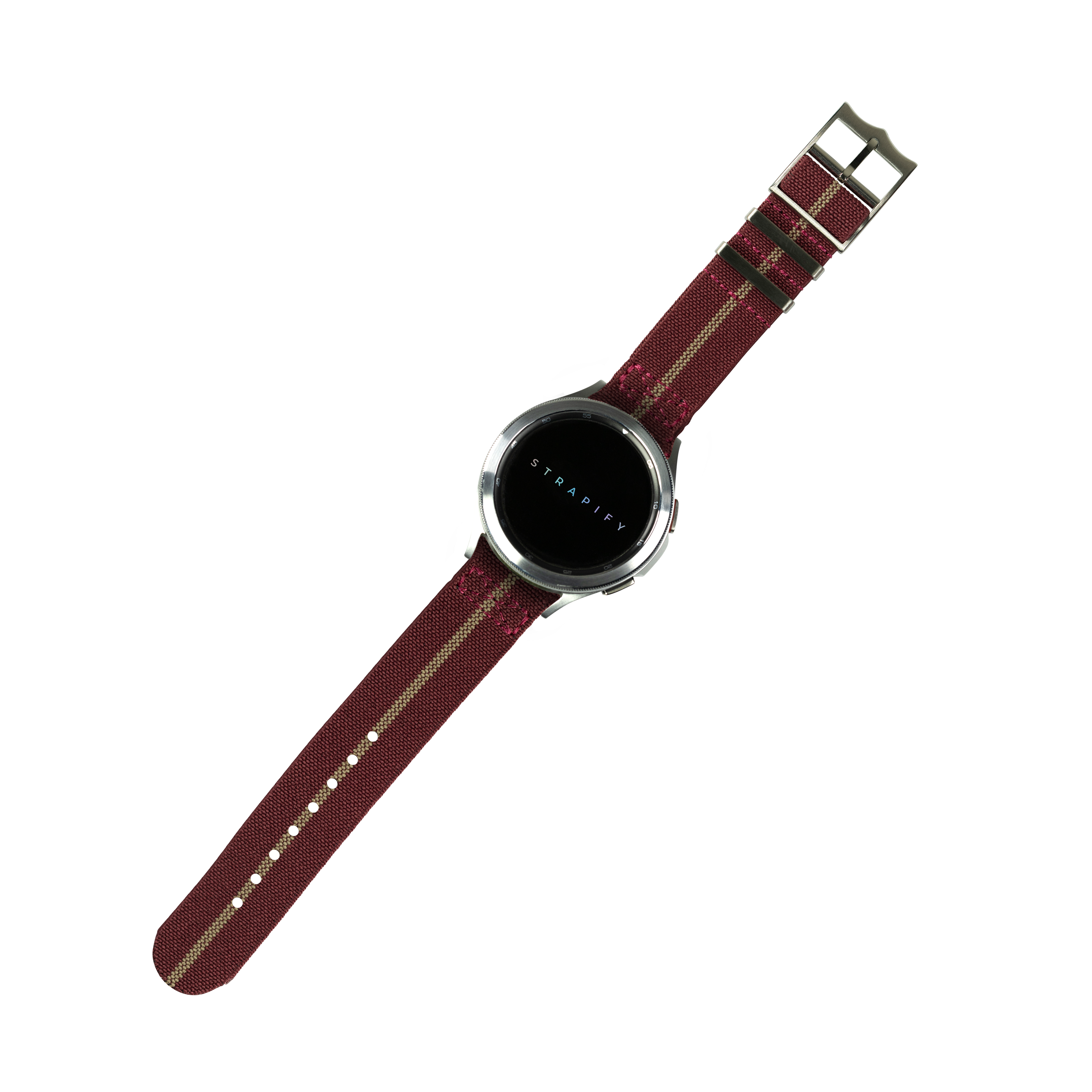 Stradify digital watch with maroon red and wheat striped fabric band, chrome case and black face