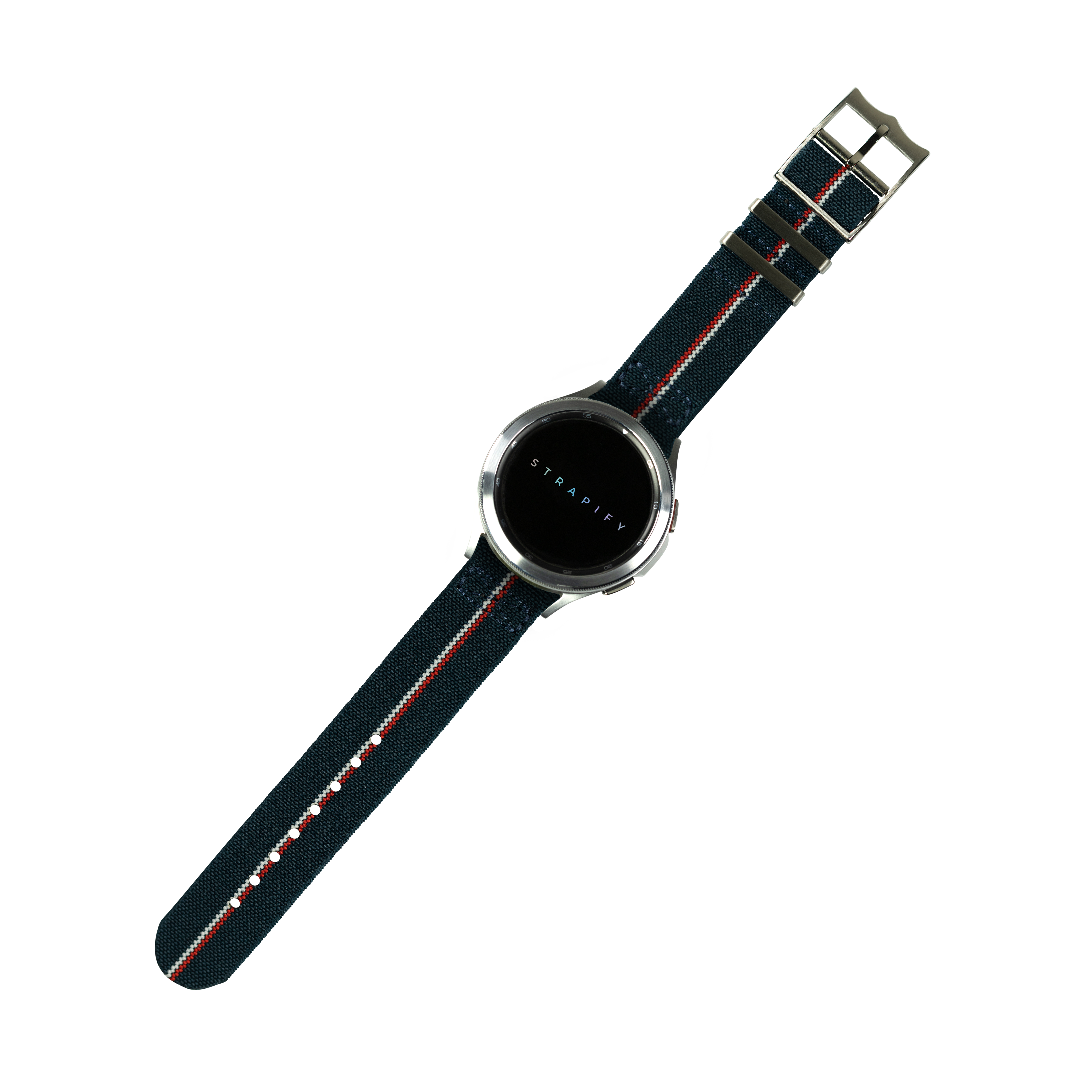 Stradify smartwatch with black fabric strap featuring blue, white and red stripe detail and metal buckle