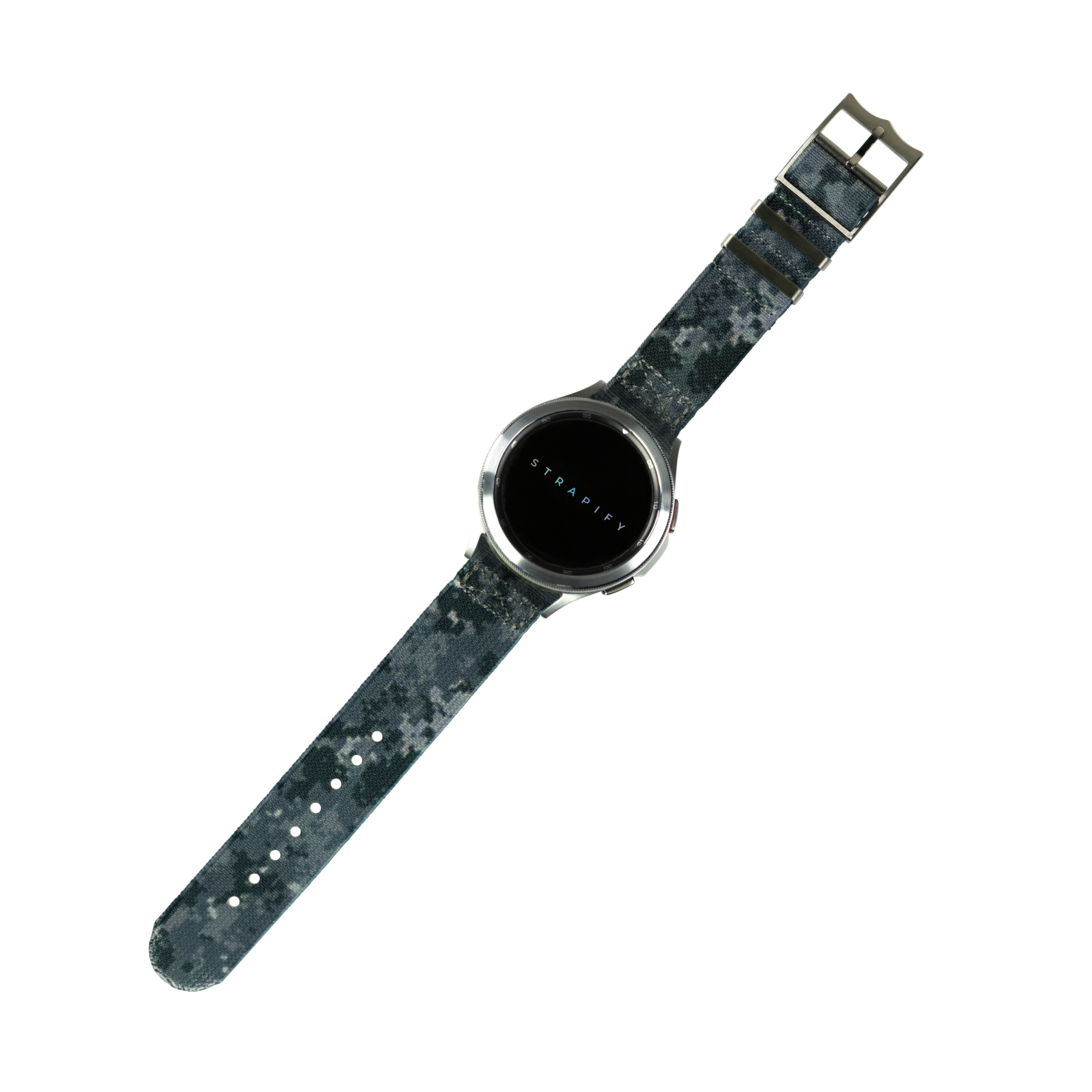 Stradify digital camo smartwatch with round black display and elasticated fabric strap in military pattern