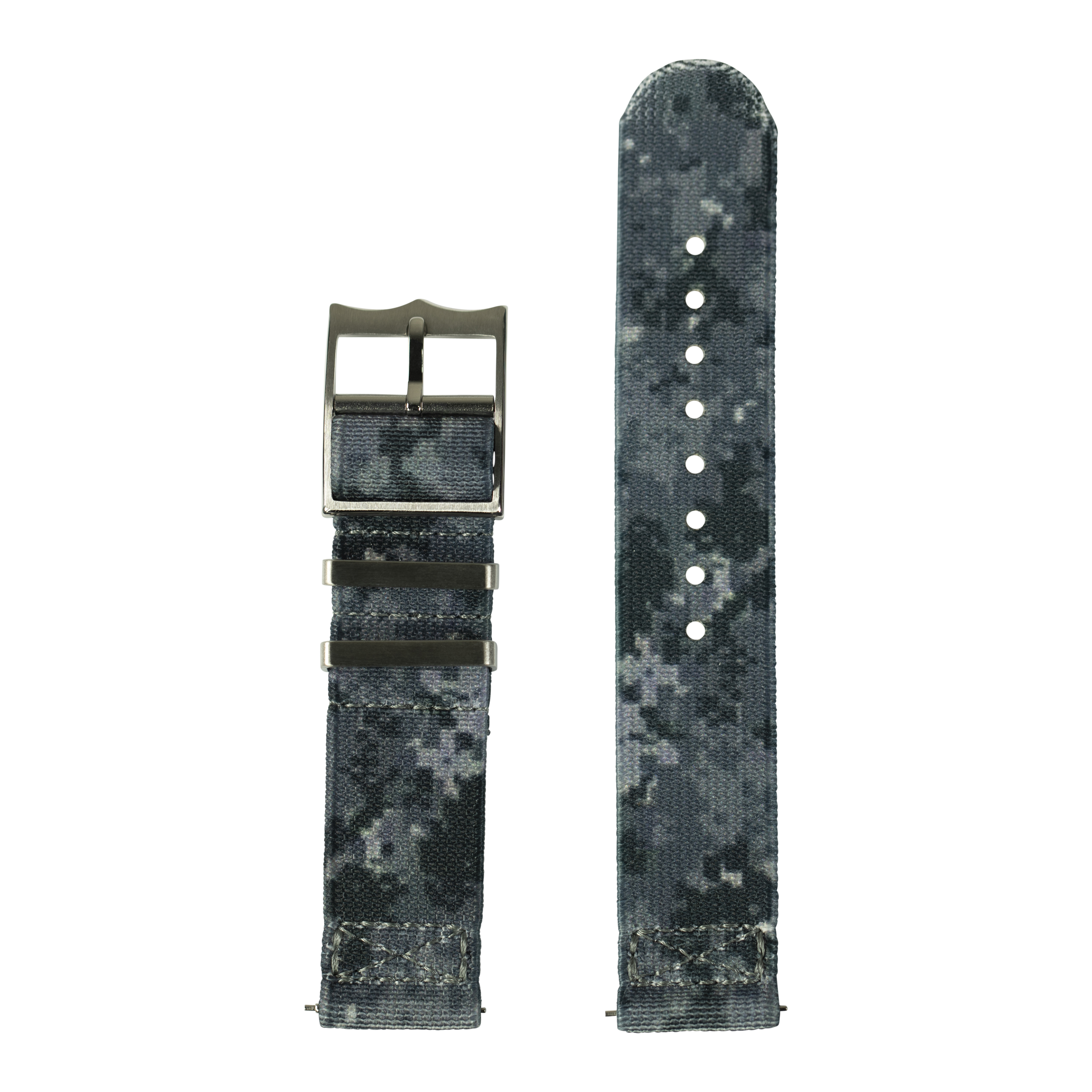 Digital camo 22mm QuickFit ElastoFlex watch band with metal buckle and adjustment holes, shown unfastened and fastened