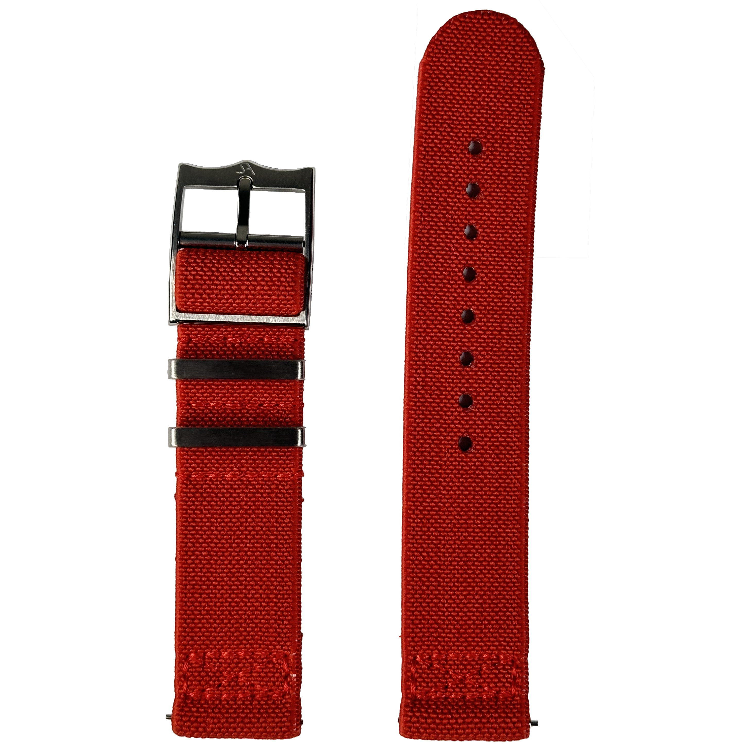 Red fabric watch strap with quick-fit mechanism, 22mm width, black buckle and adjustment holes