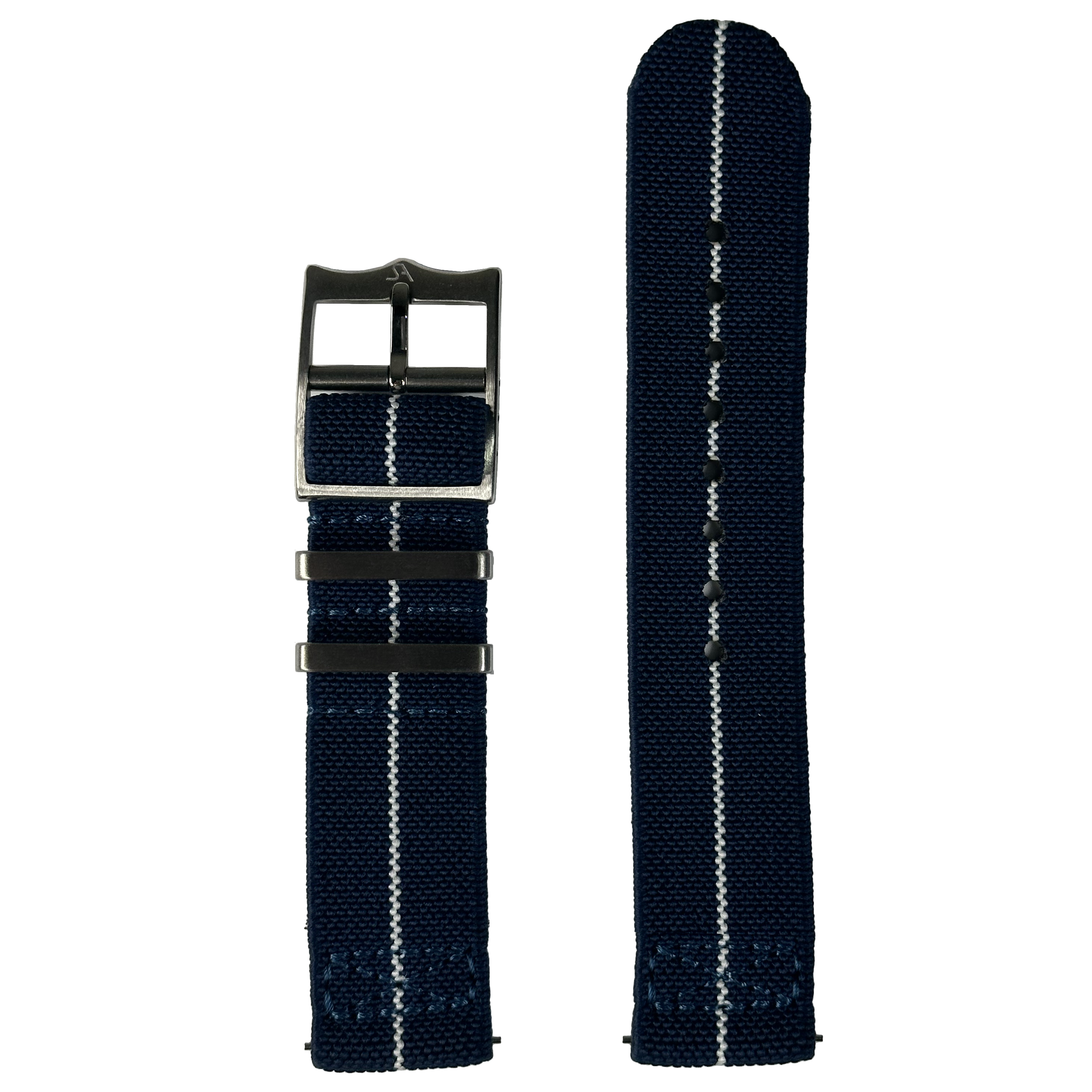 Navy blue elastic watch band with white stitching and black metal buckle, 22mm quick-fit replacement strap
