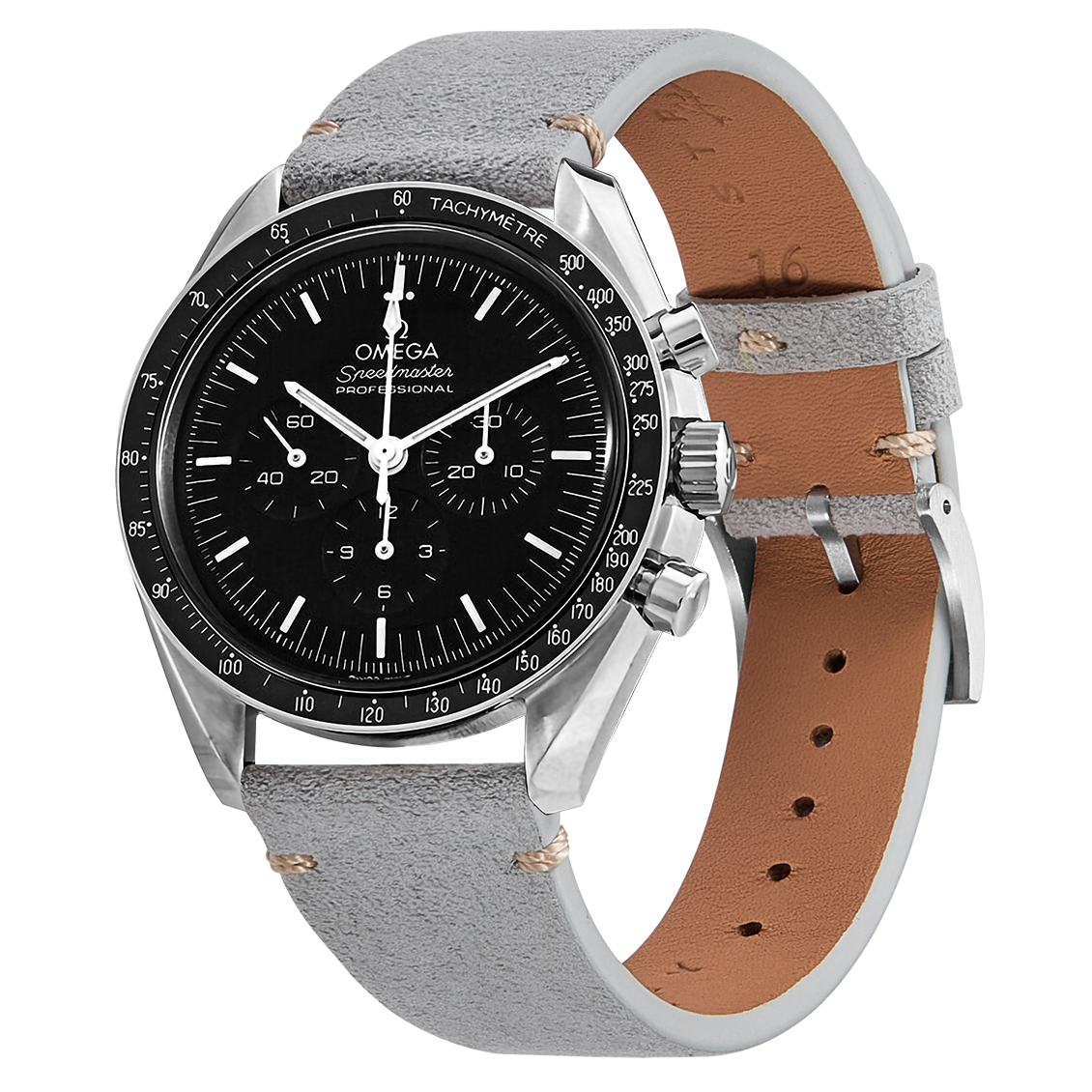 Omega Speedmaster Professional chronograph watch with grey Alcantara leather quick release strap and brown leather backing