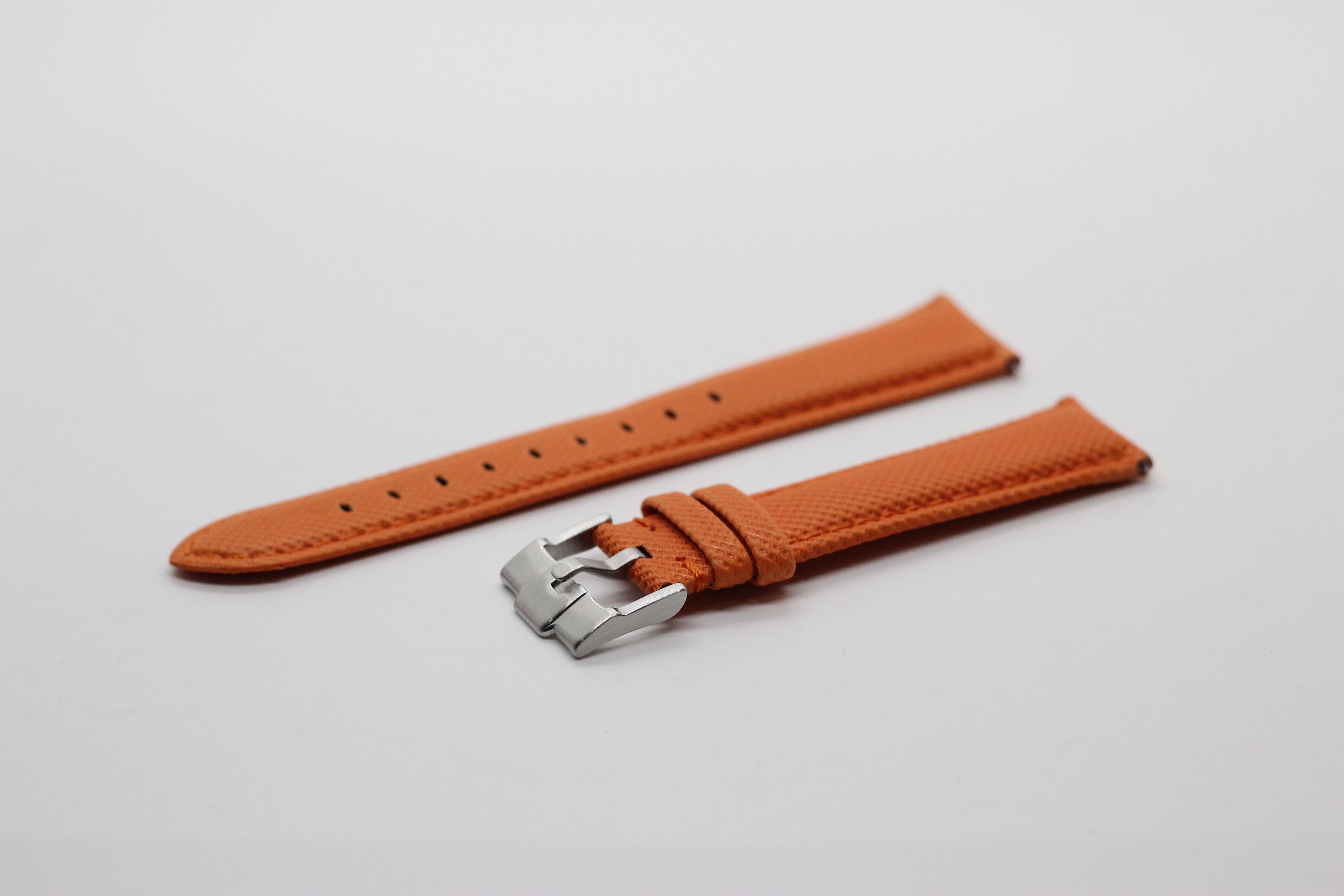 Orange sailcloth quick release watch strap with stainless steel buckle and adjustment holes