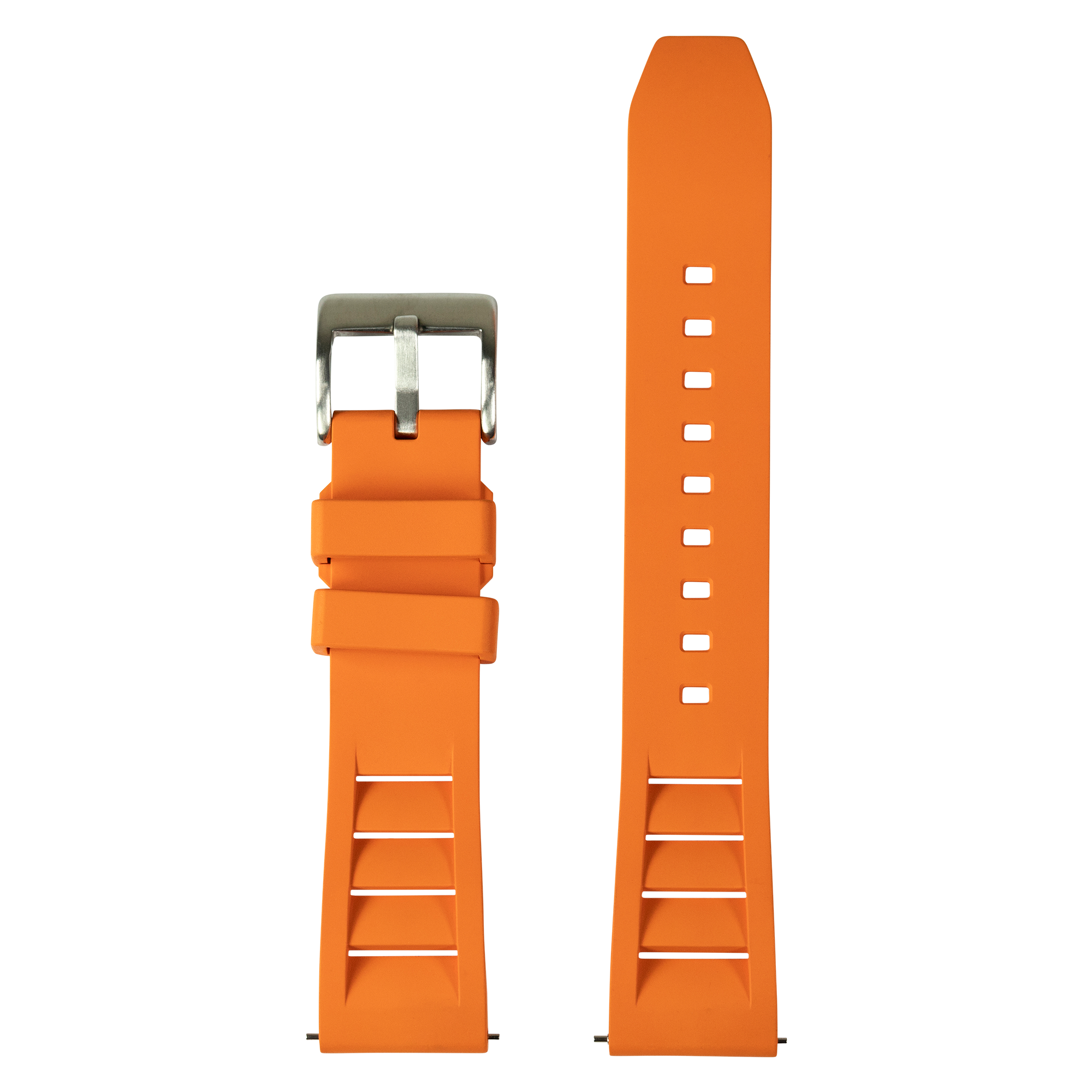 Orange FKM rubber watch strap with stainless steel buckle, QuickFit 26mm, front and back view