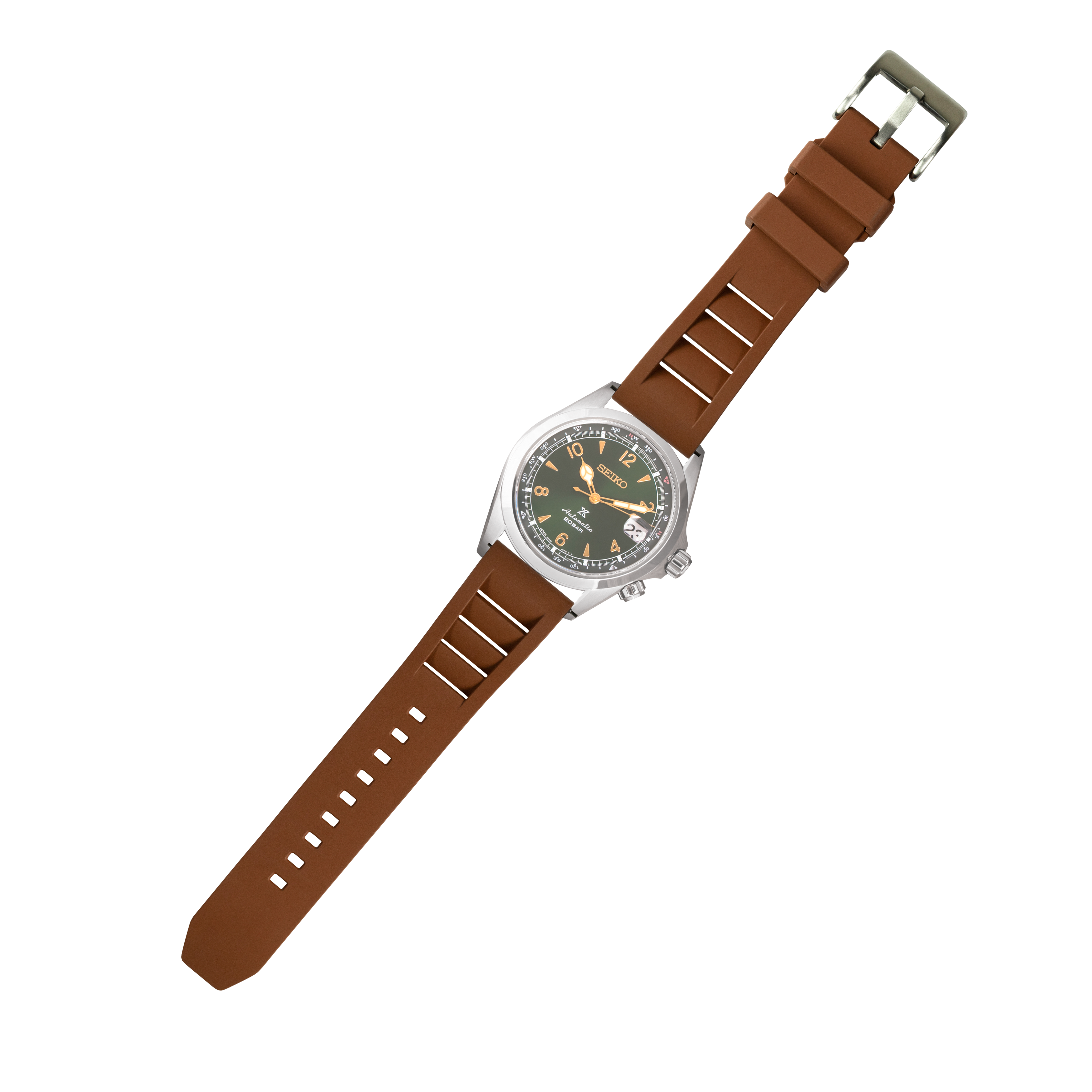 Seiko watch with stainless steel case, black dial, tan indices, and brown FKM rubber quick release strap with buckle