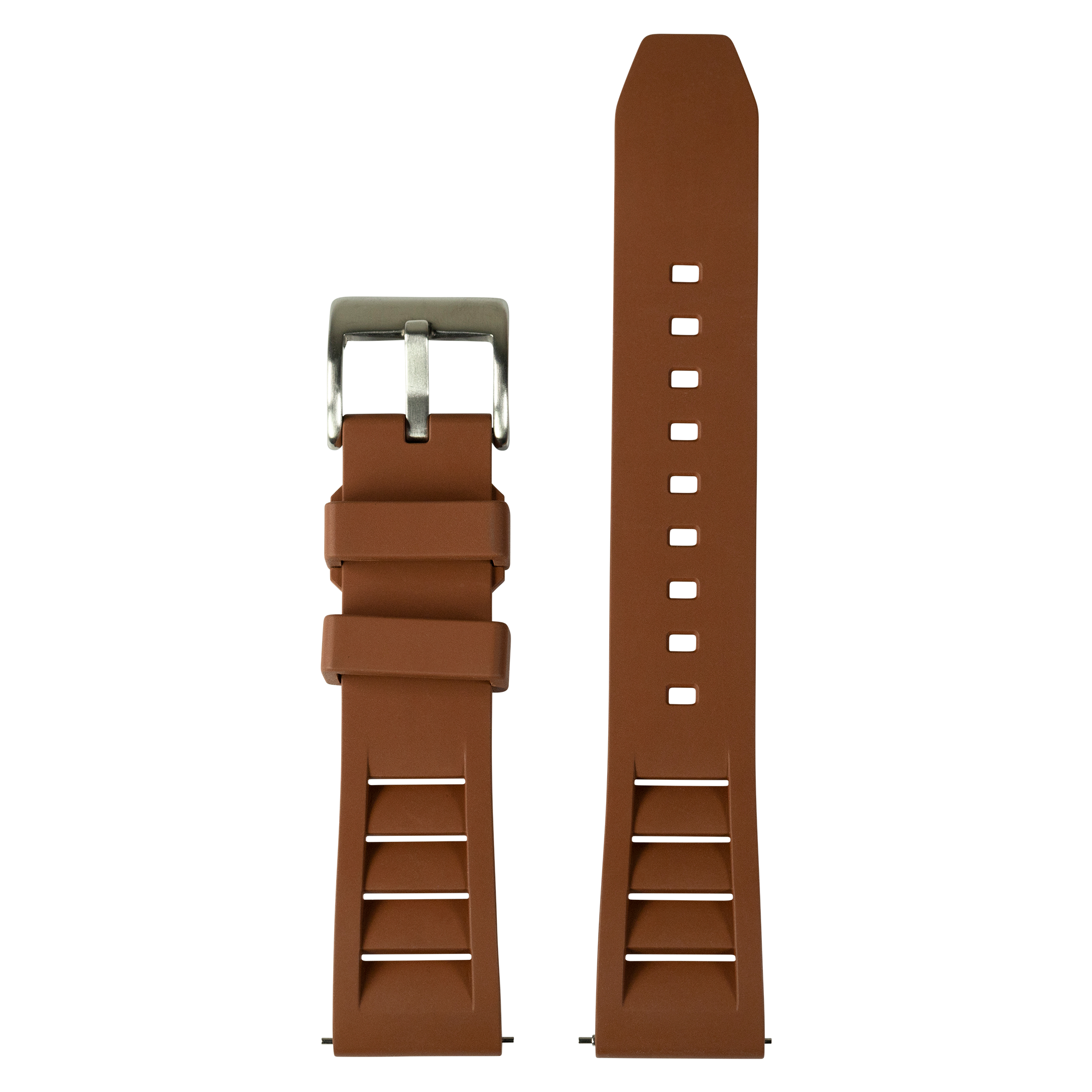 Brown rubber watch strap 26mm with stainless steel buckle and quick-fit design, shown assembled and flat