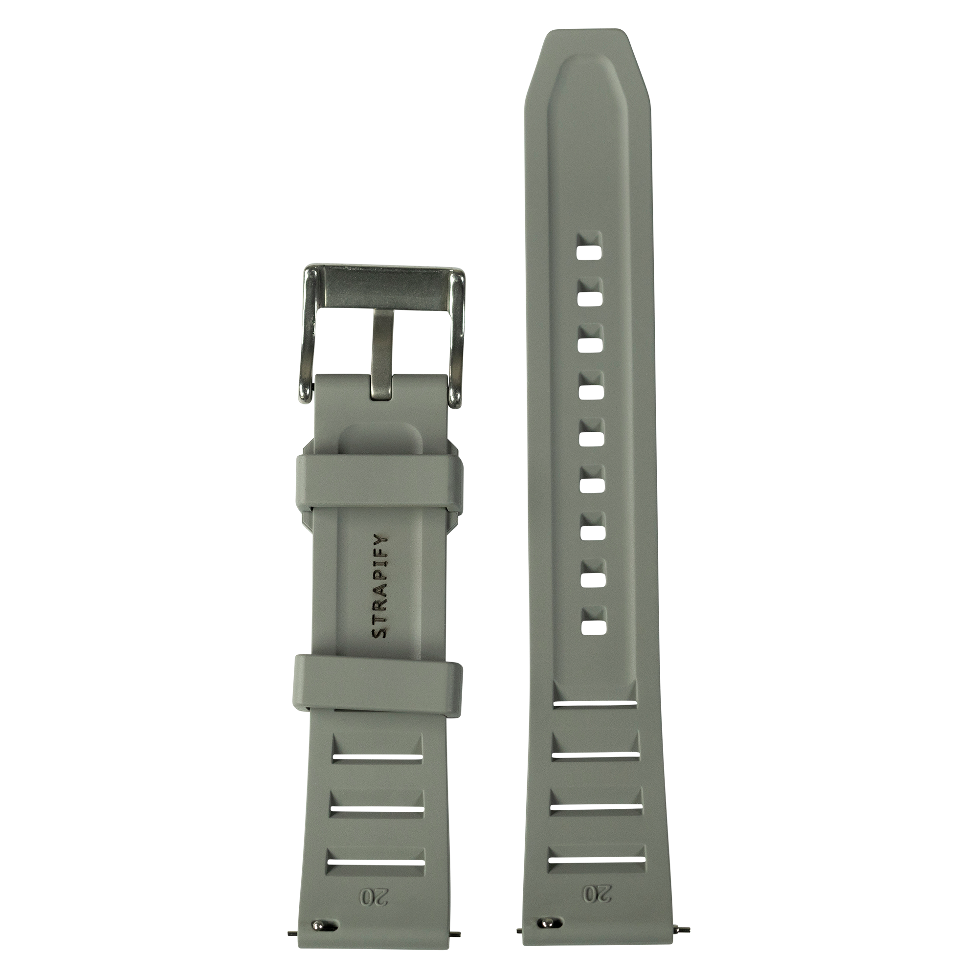 Sage green silicone quick release watch band with metal buckle and ventilation holes, displayed front and back view