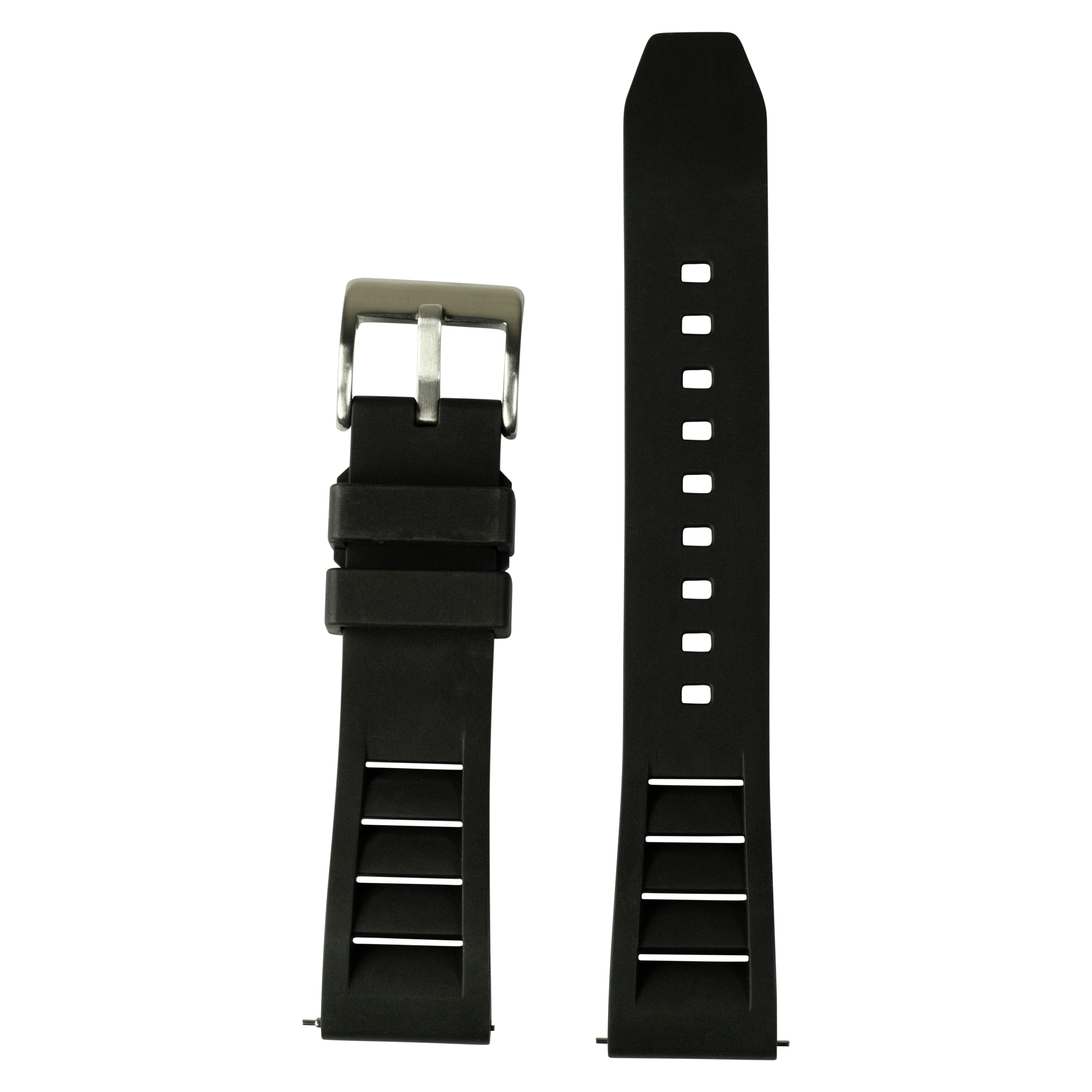 Black QuickFit Shark Fin FKM rubber watch band 26mm with silver buckle, front and back view