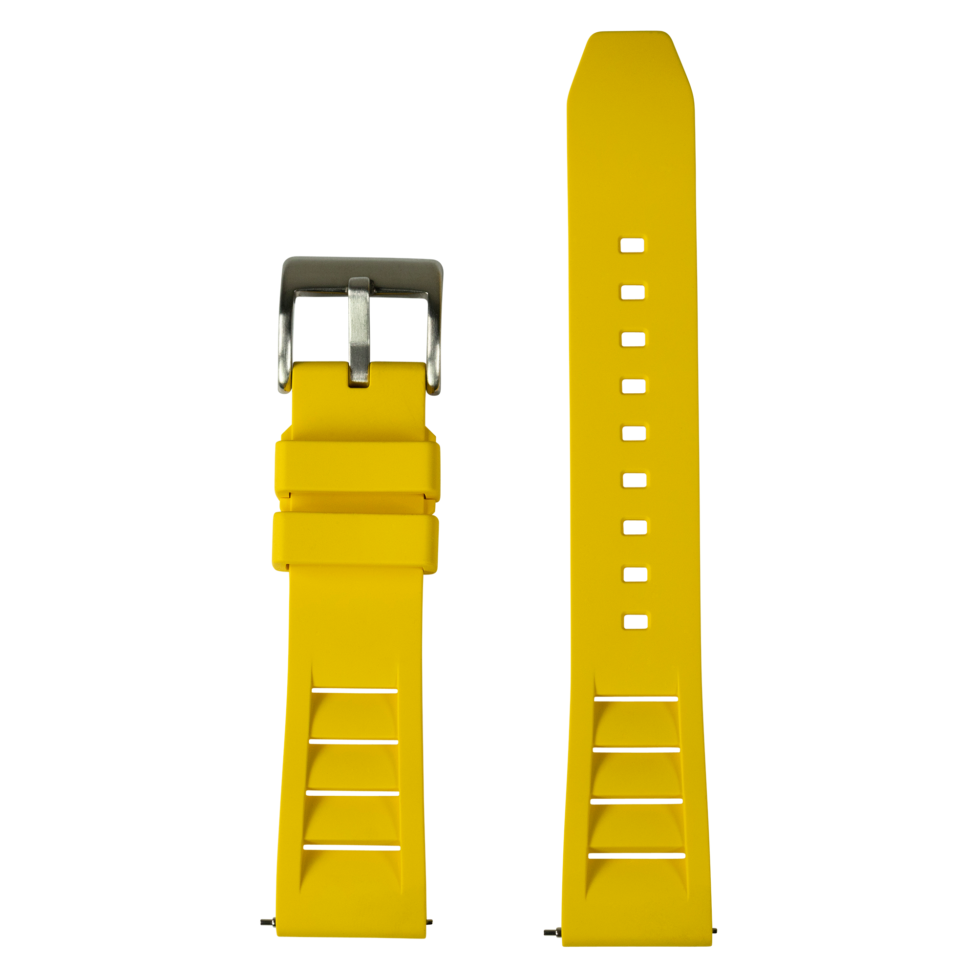 Yellow FKM rubber dive watch strap with quick-fit system, stainless steel buckle, and 26mm width shown folded and extended