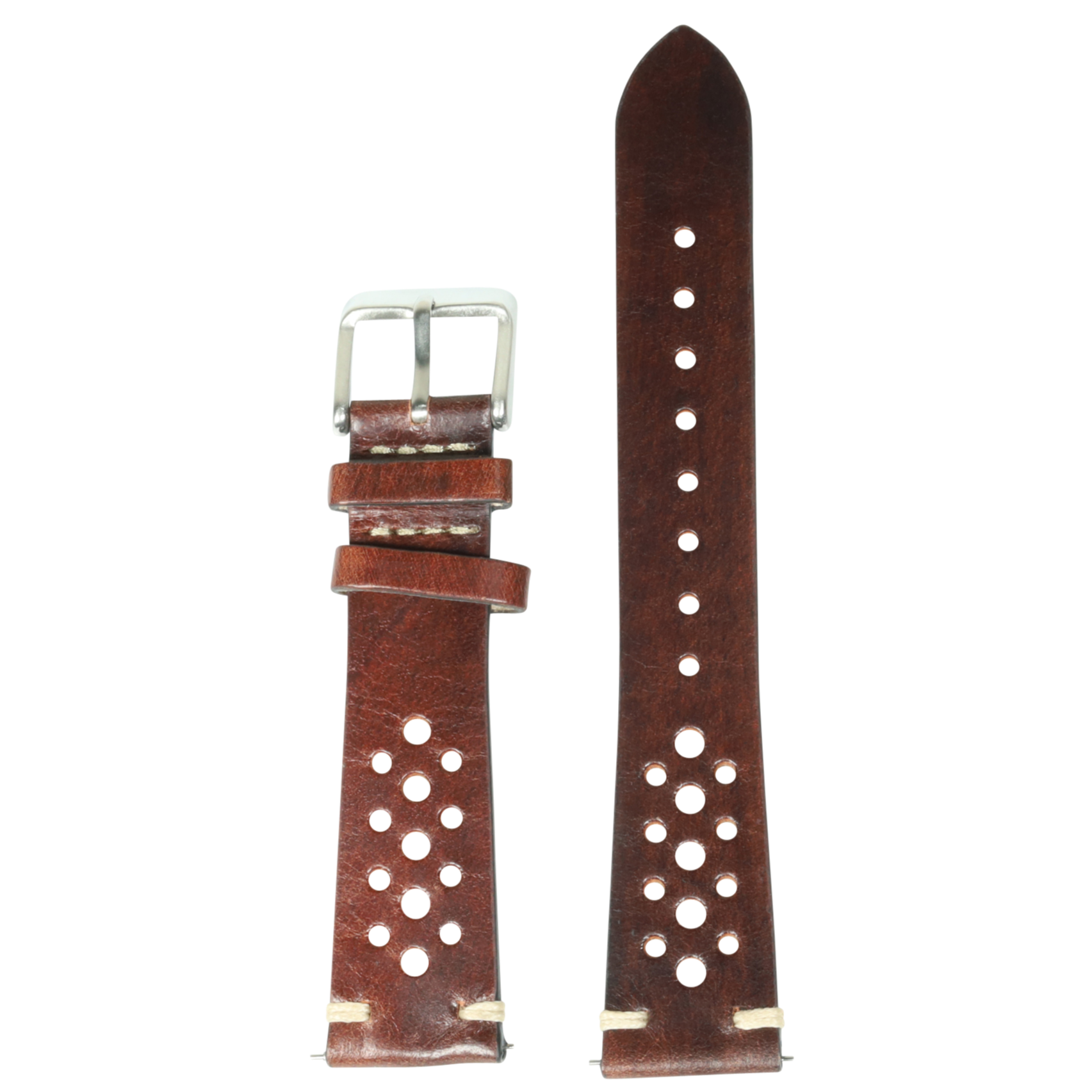 Vintage Rally smoked dark brown leather watch strap 20mm with perforated racing design and silver buckle