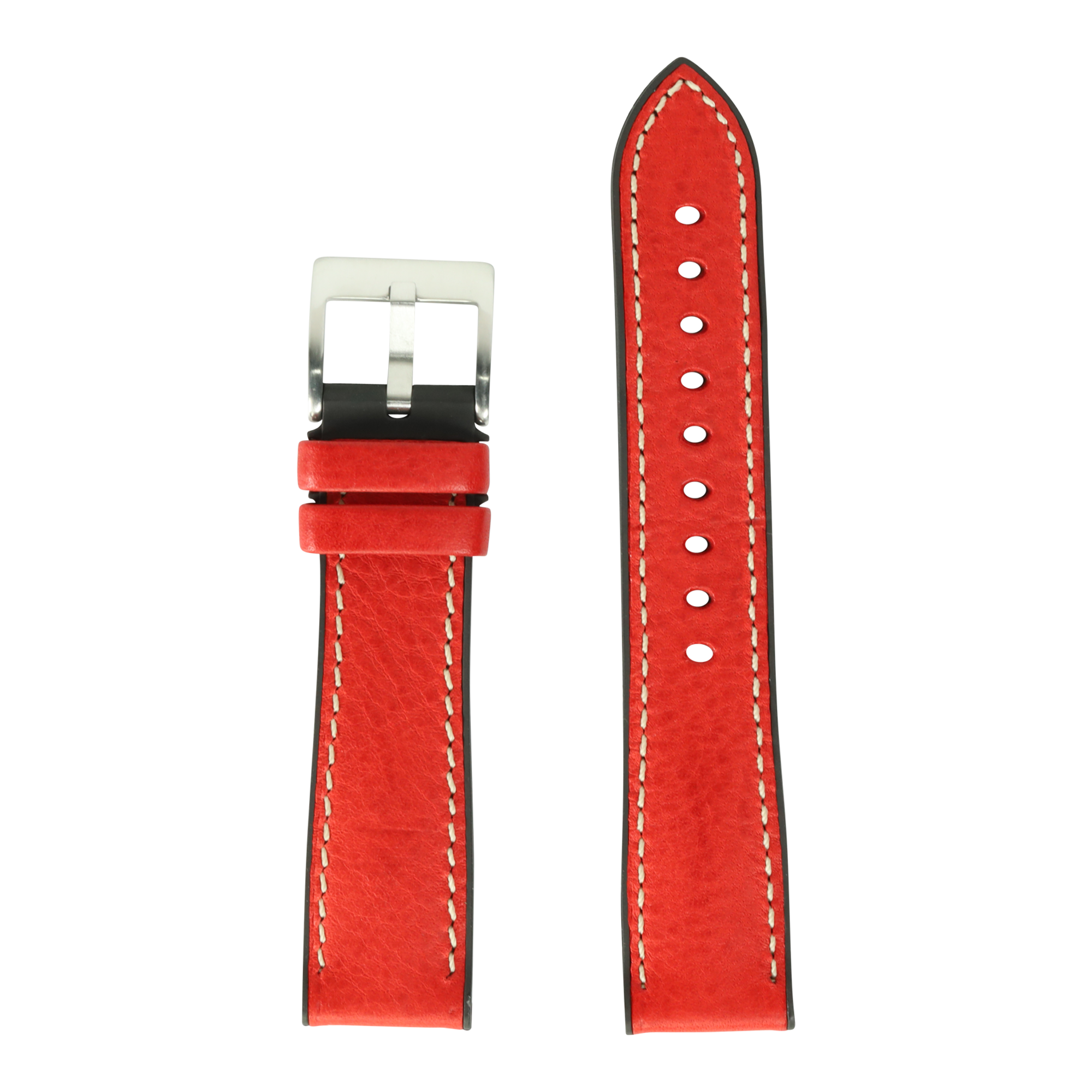 Red leather watch band with white stitching, stainless steel buckle and black rubber hybrid backing