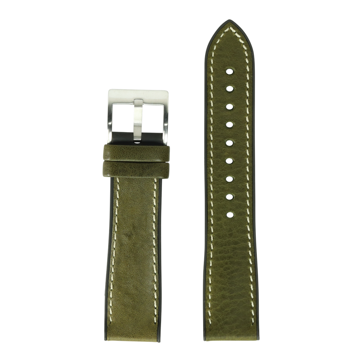 Olive green Italian leather watch band with white contrast stitching and stainless steel buckle, displayed flat with curved lug design