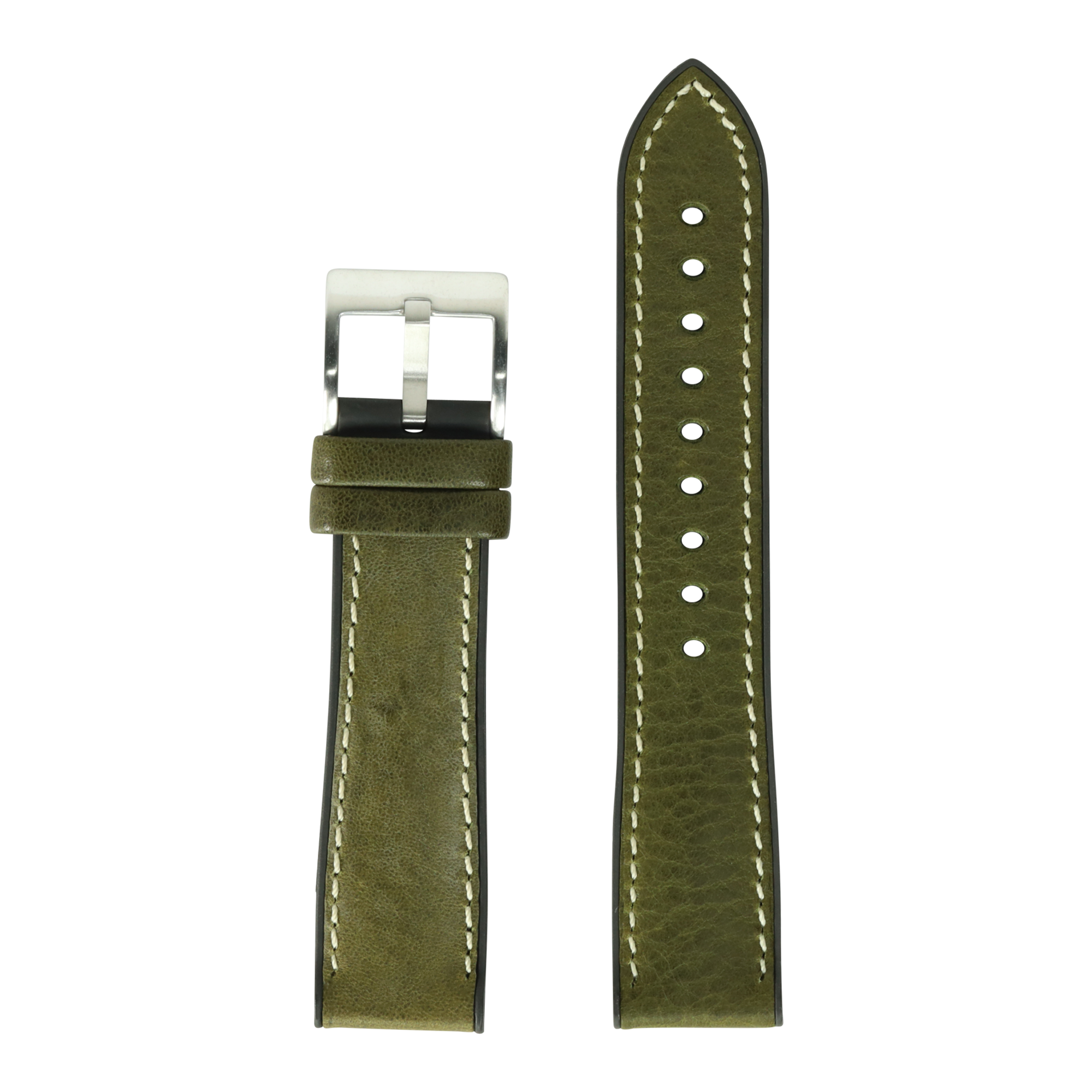 Olive green Italian leather watch strap with white stitching, stainless steel buckle and quick-fit pins