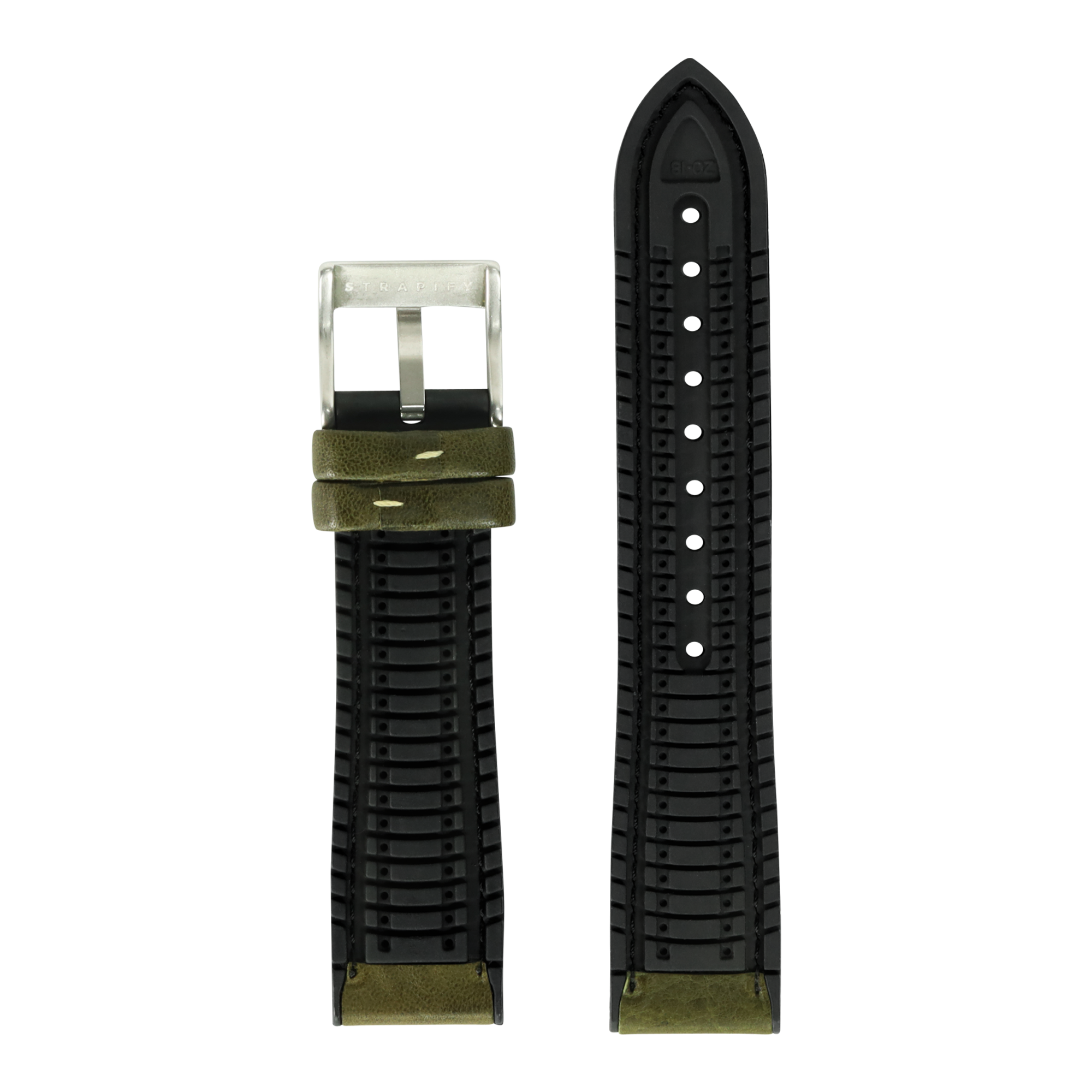 Garmin QuickFit hybrid watch band with black FKM rubber and olive leather with stainless steel buckle