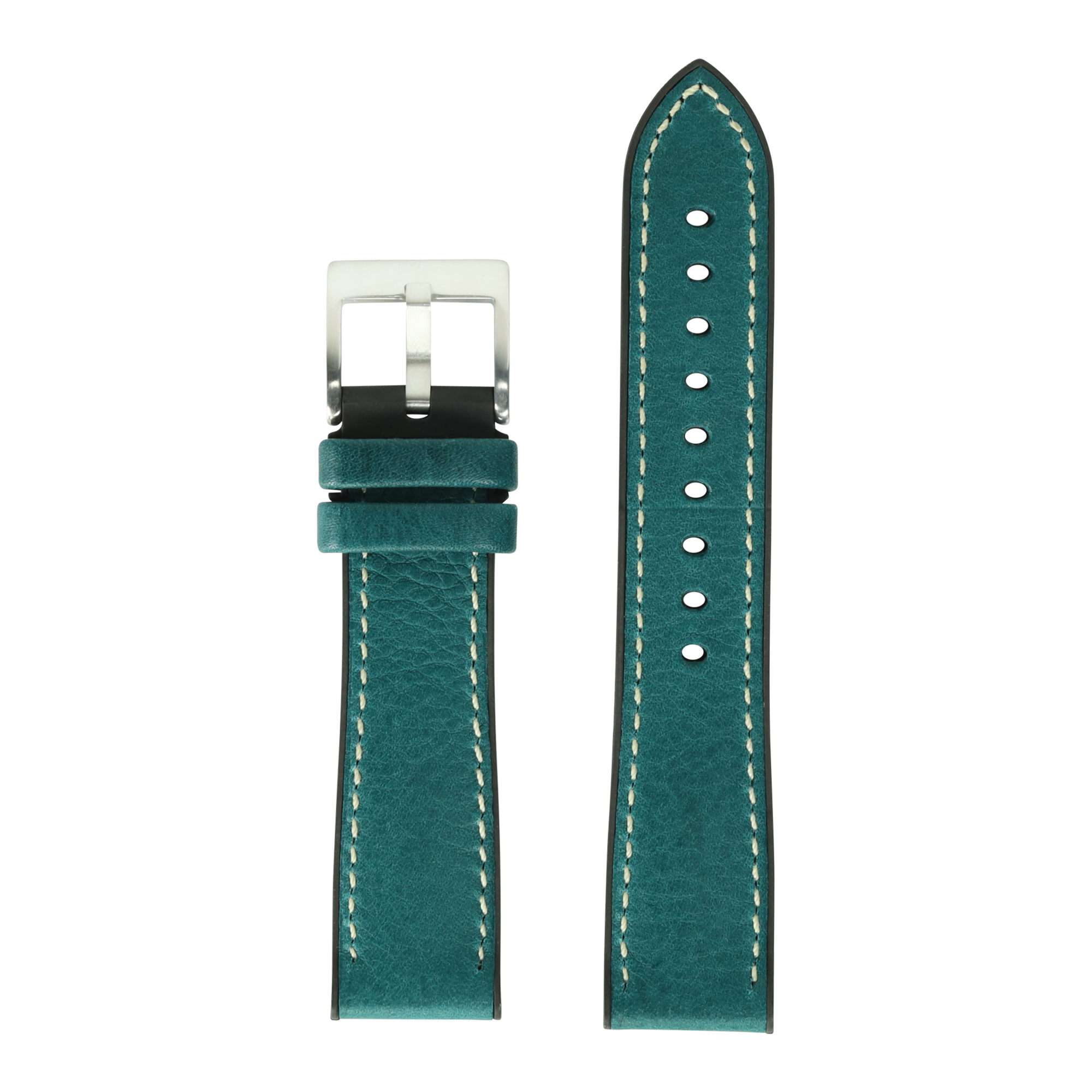 Teal Italian leather watch strap with cream stitching, silver buckle and FKM rubber hybrid backing