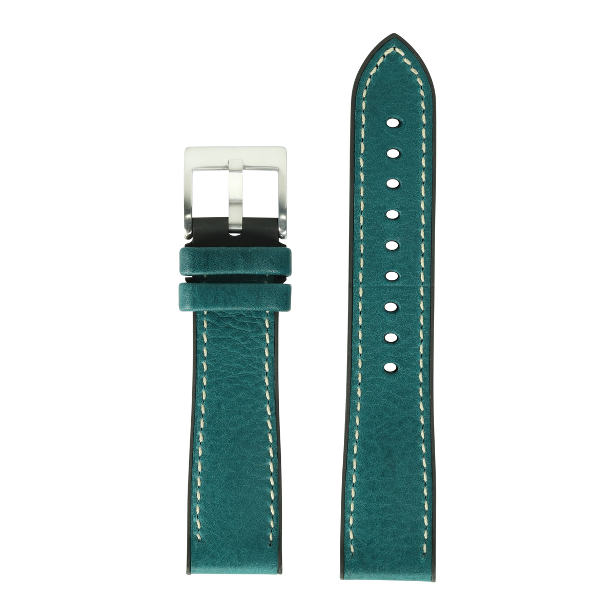 Teal Italian leather watch band with cream stitching, silver buckle, and FKM rubber hybrid backing for Apple Watch