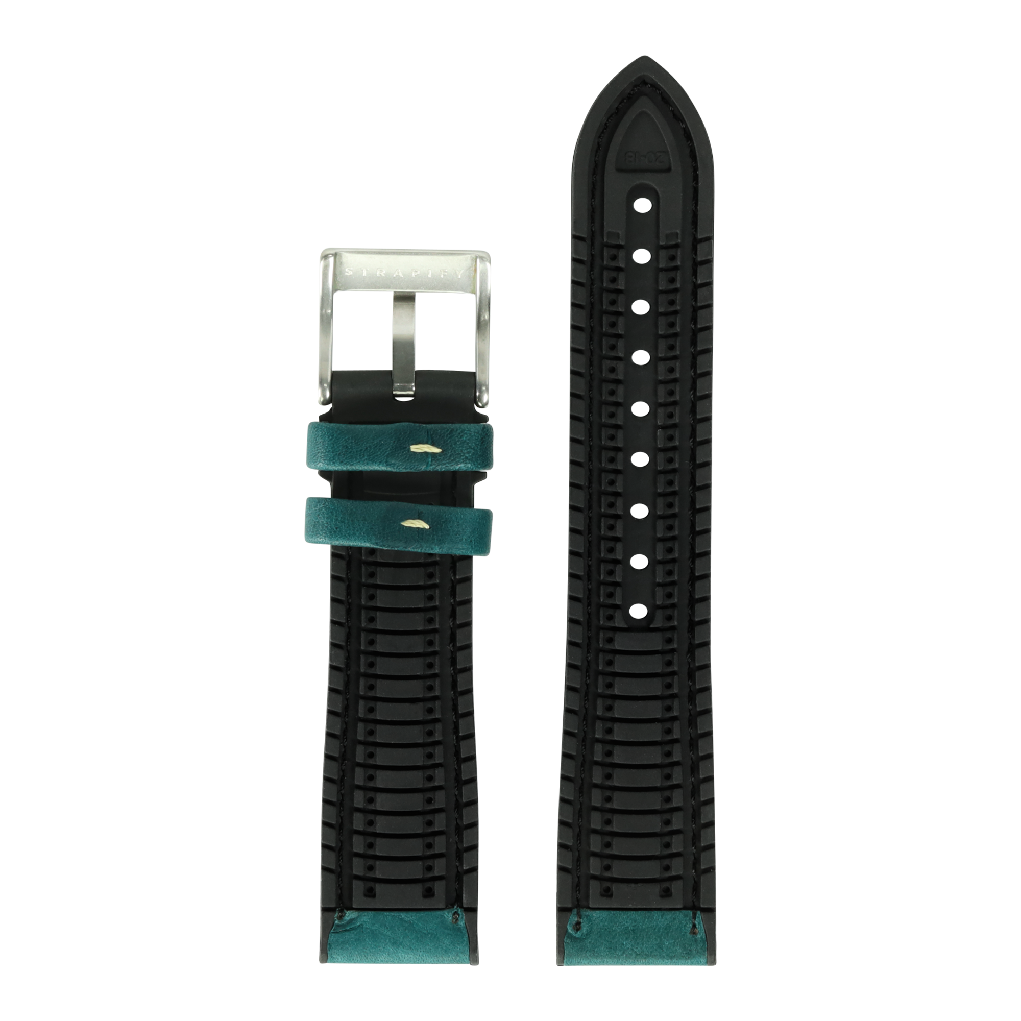 Black rubber and teal leather hybrid watch strap with stainless steel buckle and quick-fit system
