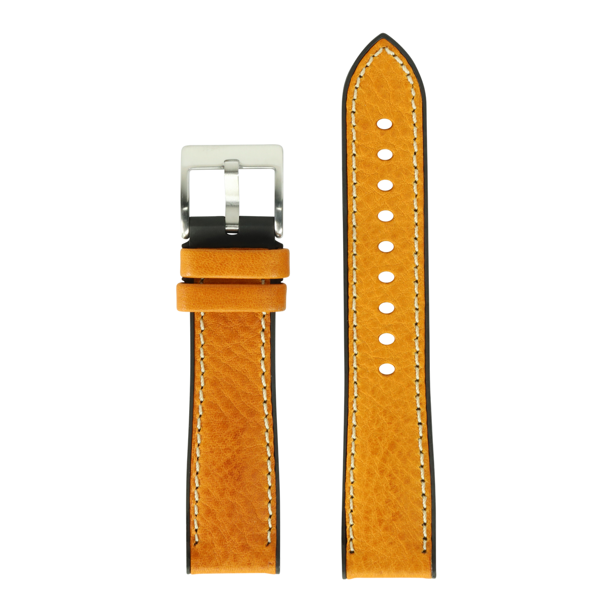 Tan leather Apple Watch band with white stitching, stainless steel buckle, and hybrid FKM rubber backing shown assembled and unattached