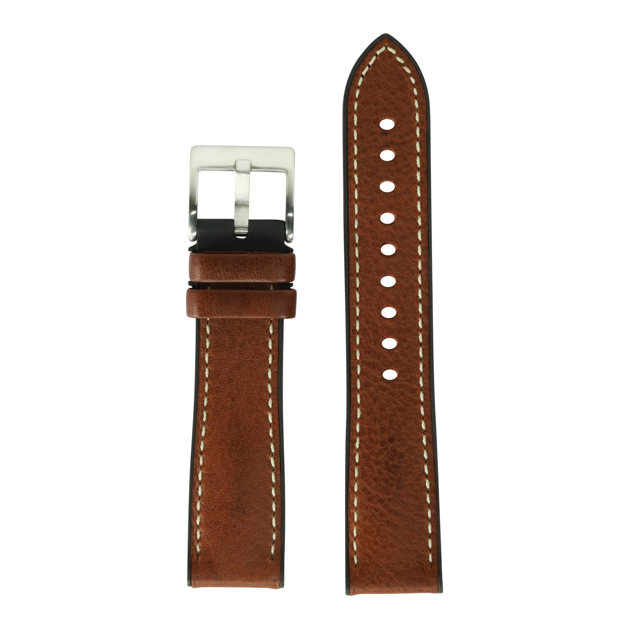 Brown leather watch strap with white stitching, silver buckle and FKM rubber hybrid construction