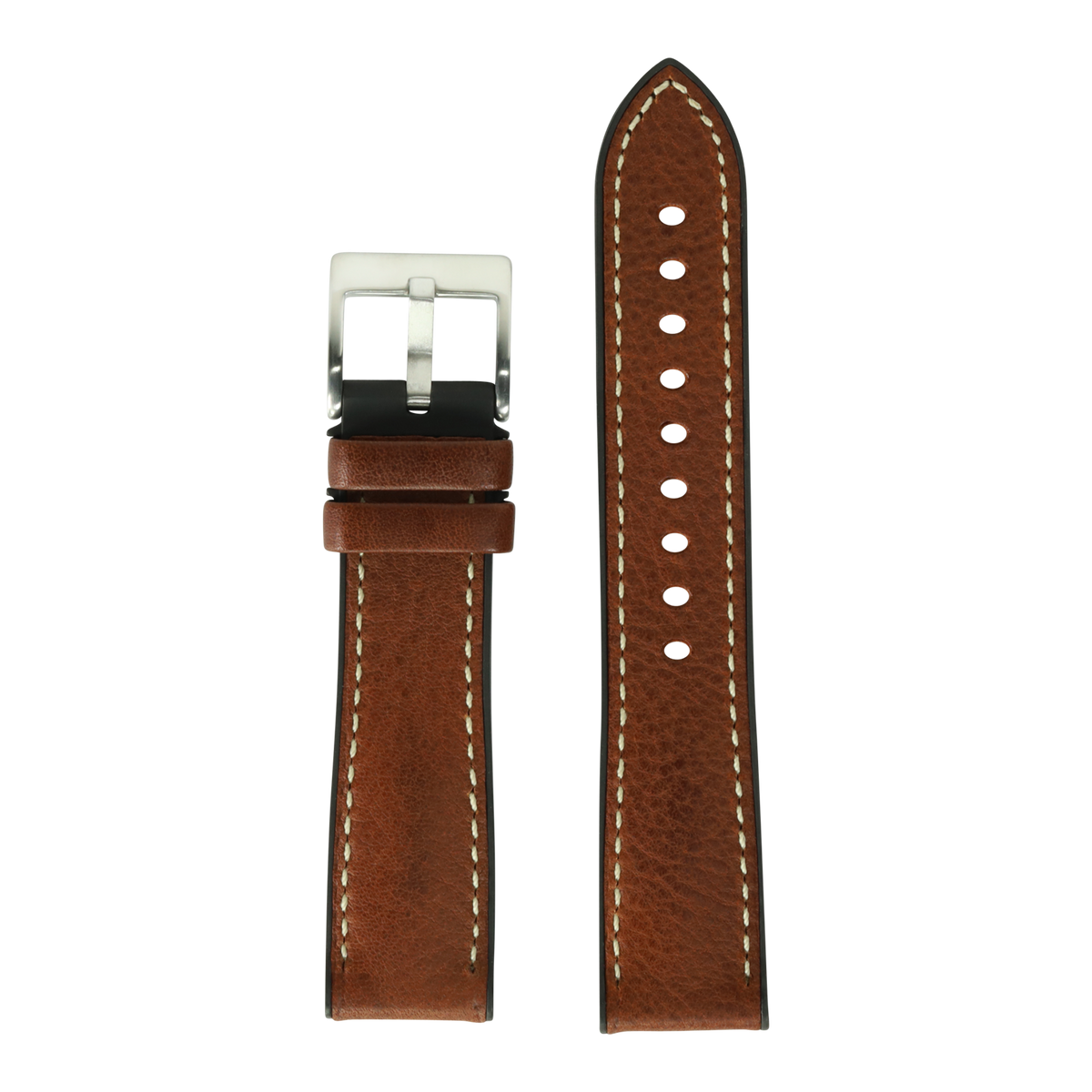 Brown Italian leather watch band with white stitching, stainless steel buckle, and FKM rubber hybrid construction