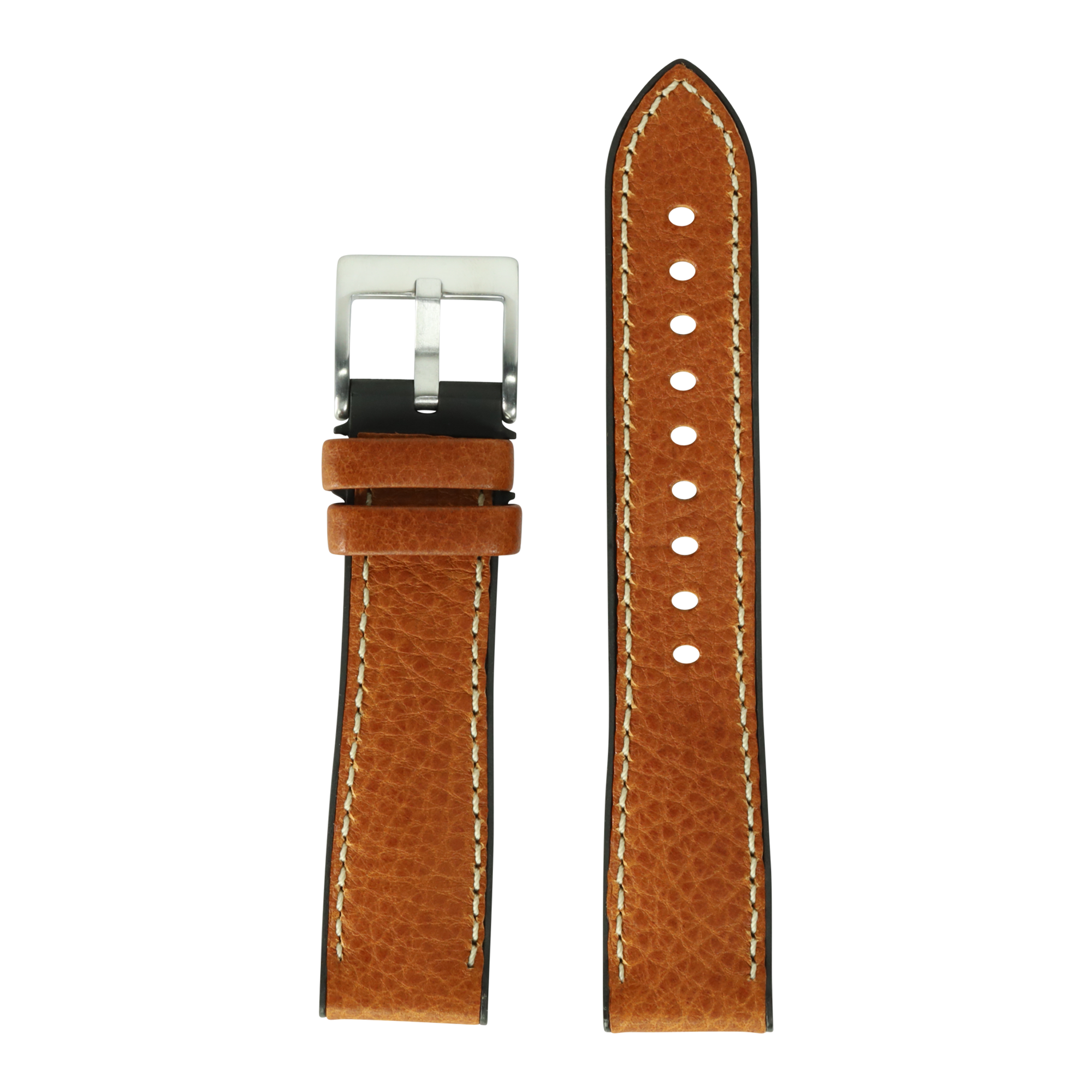 Brown Italian leather watch strap with white stitching, silver buckle and black FKM rubber backing for Garmin QuickFit watches