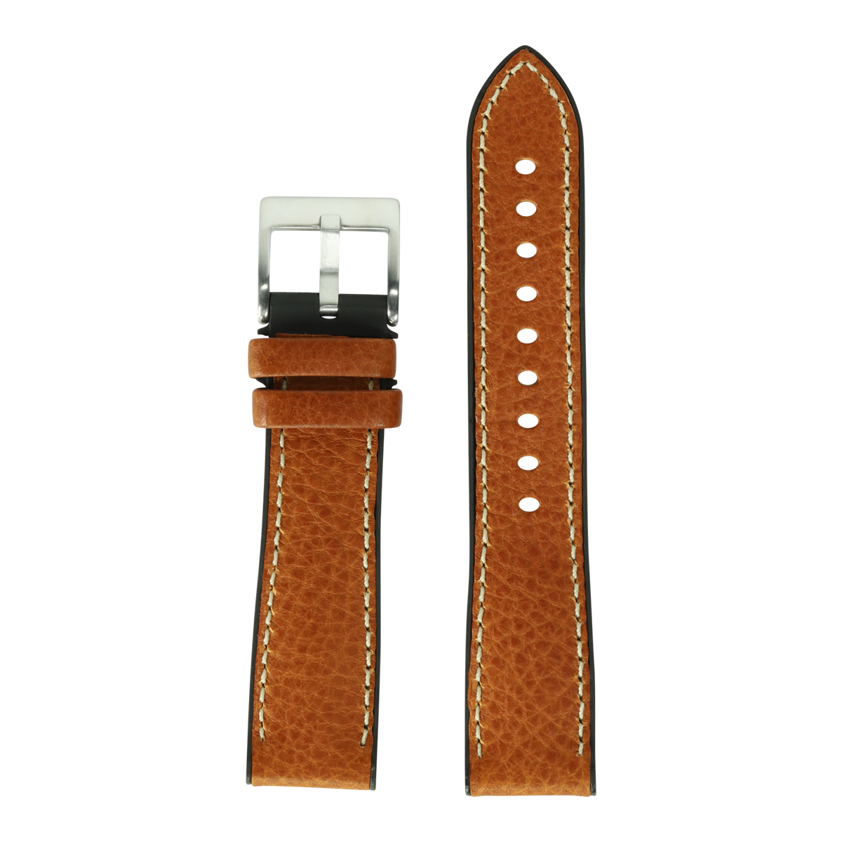 Tan leather watch band with white stitching and silver buckle, hybrid design with rubber backing for Apple Watch