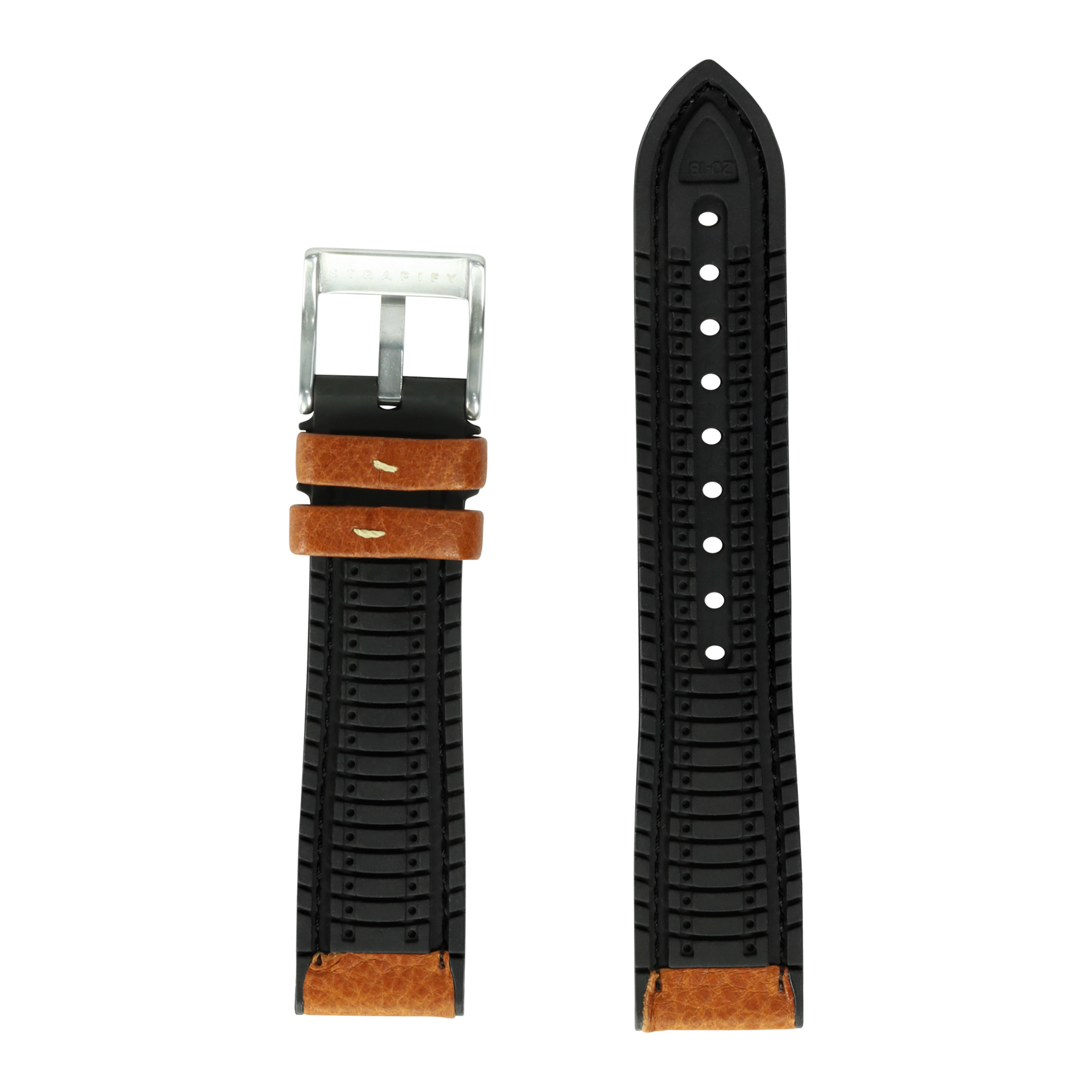 Black FKM rubber watch strap with tan leather accents, quick-fit connectors and steel buckle displayed flat
