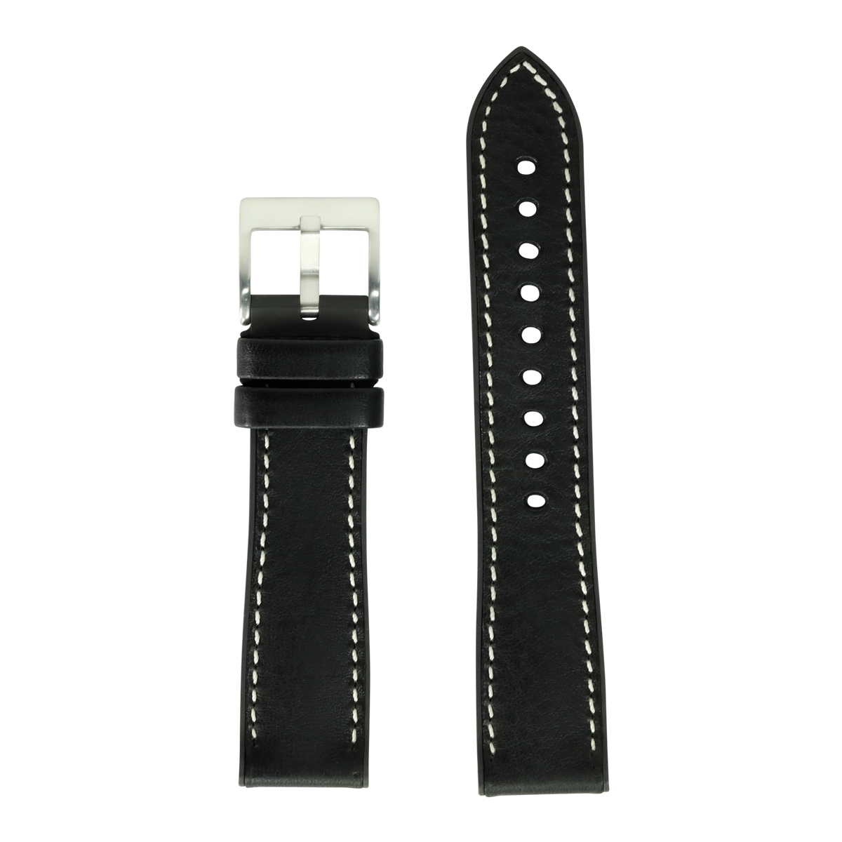 Black leather watch band with white stitching and stainless steel buckle, displayed flat with FKM rubber hybrid construction