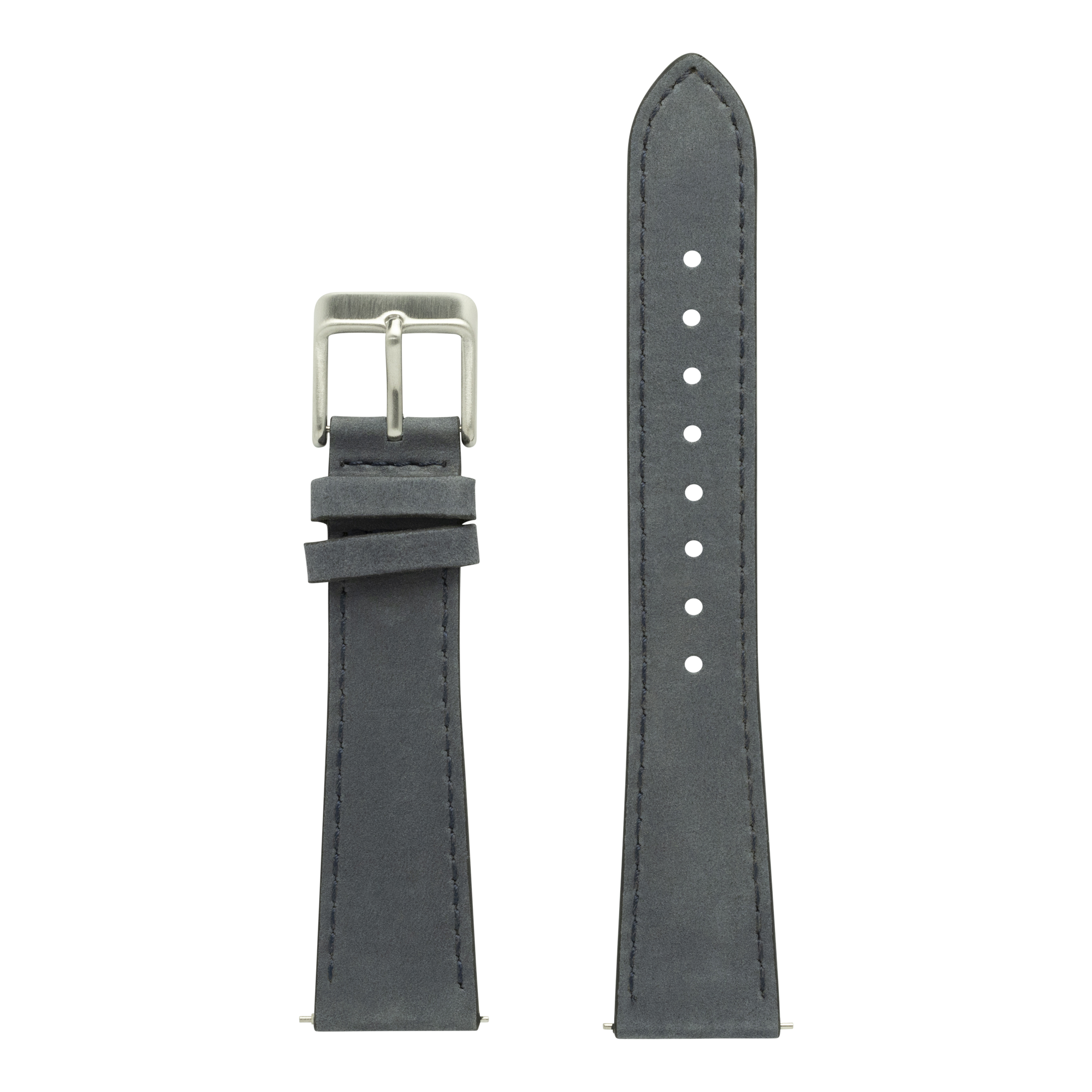 Slate grey nubuck leather quick release watch strap with silver buckle and adjustment holes