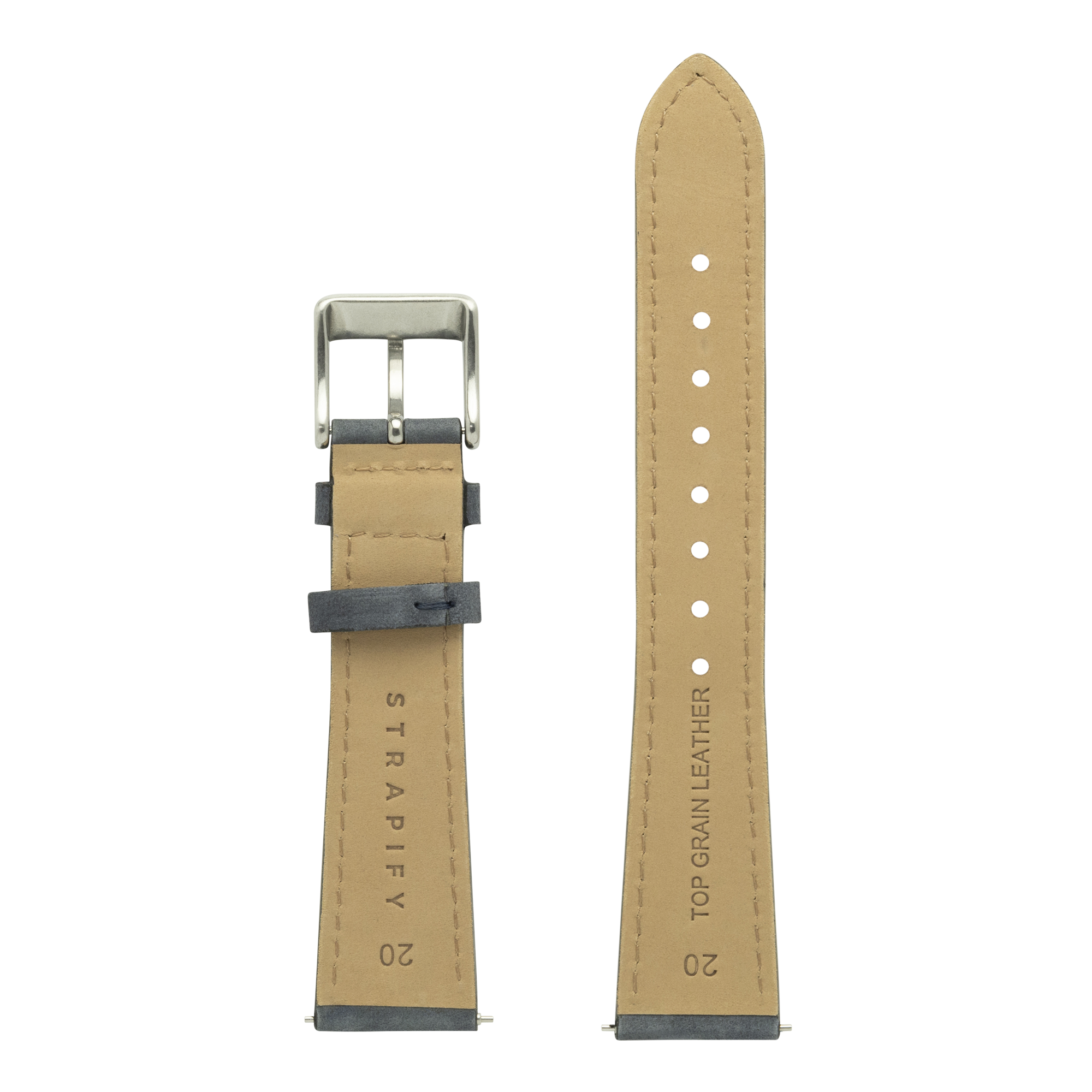 Tan nubuck leather quick release watch strap with slate grey hardware and stitching, 20mm width, shown front and back
