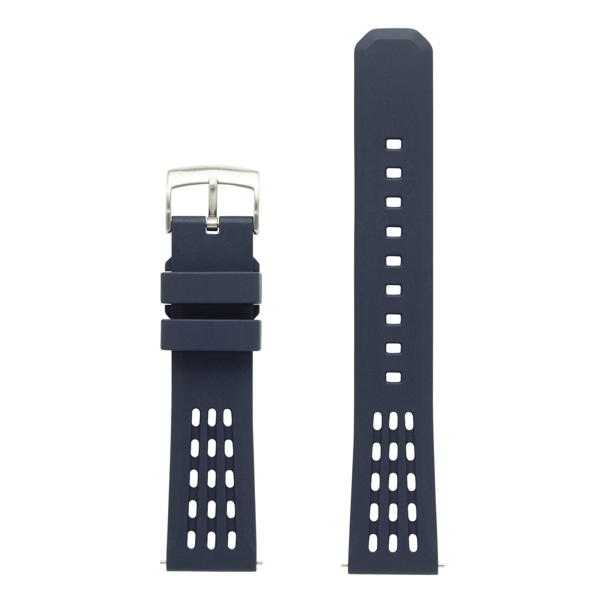 Black FKM rubber quick release watch strap with perforated ventilation holes and silver buckle