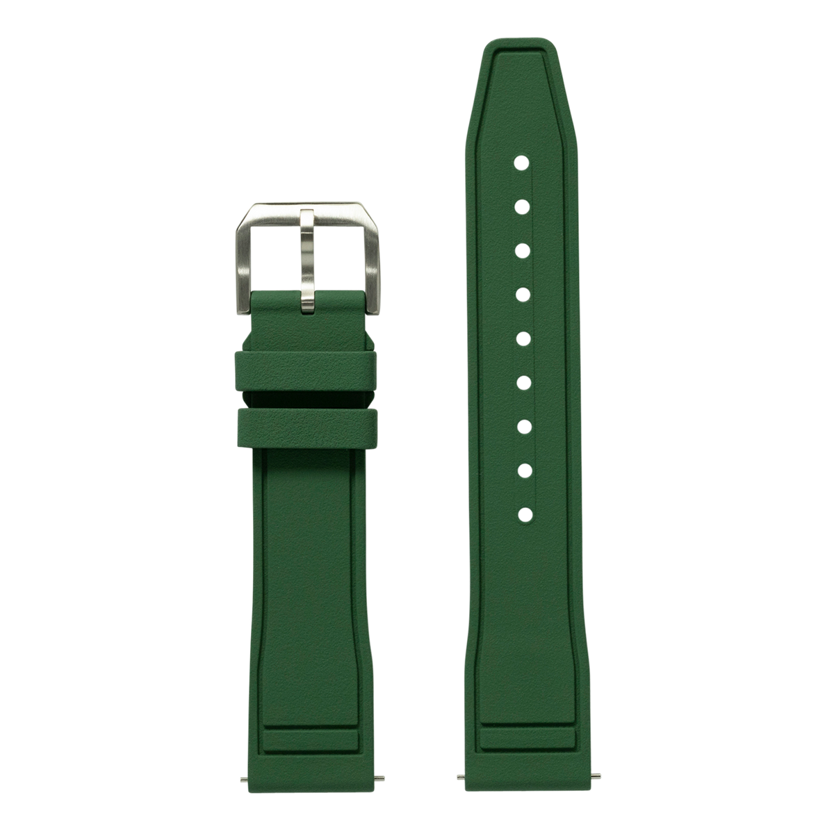 Green FKM rubber watch band with silver buckle and adjustment holes, shown assembled and unattached