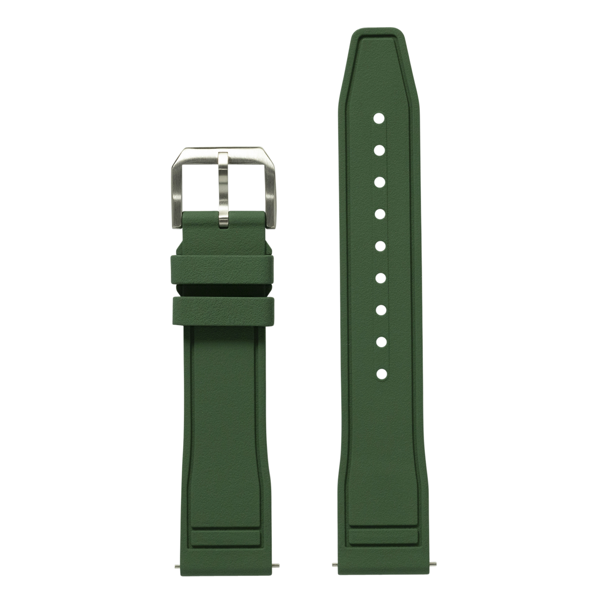 Green FKM rubber quick release watch strap with stainless steel buckle and white adjustment holes