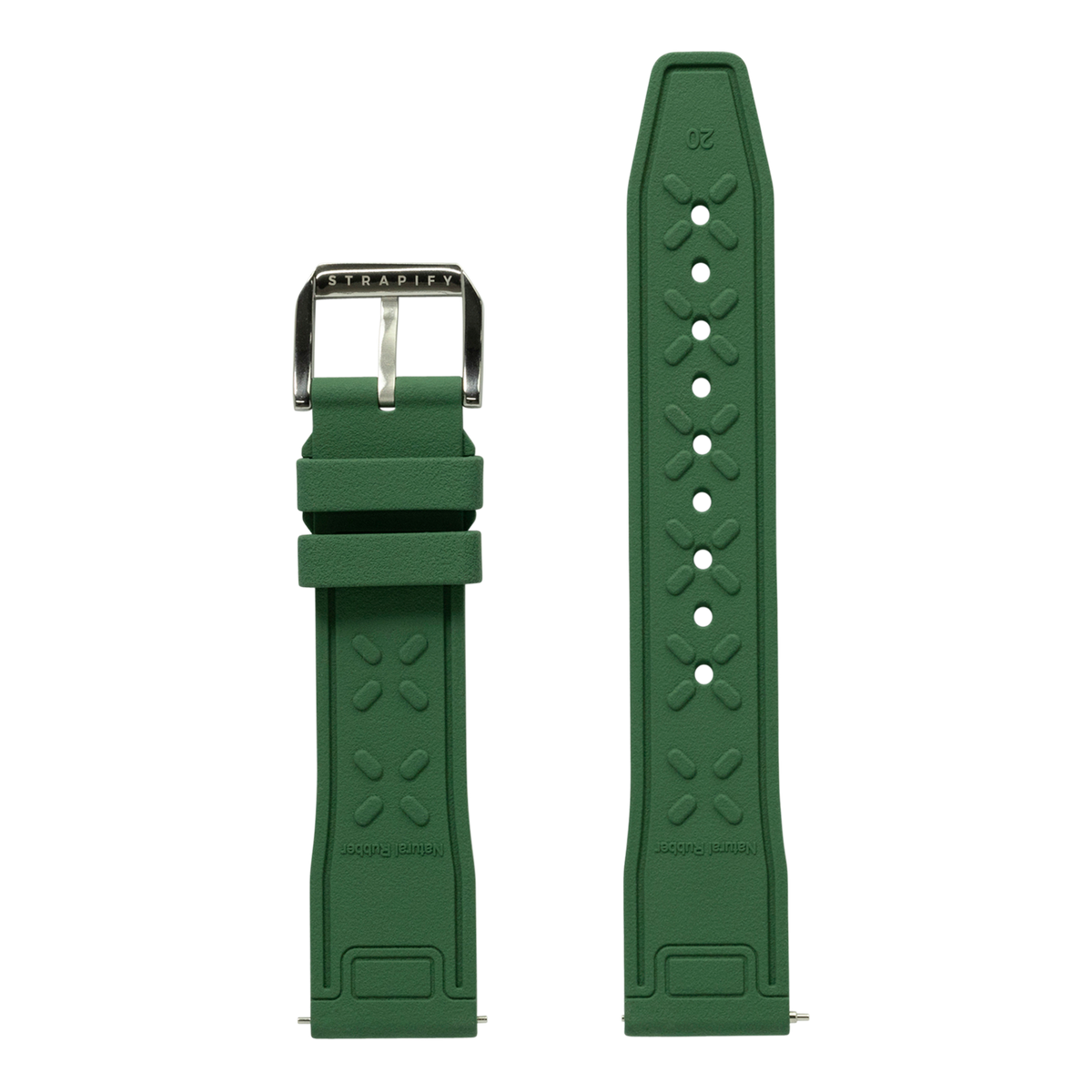 Green FKM rubber pilot watch strap by Strapify with stainless steel buckle and adjustment holes
