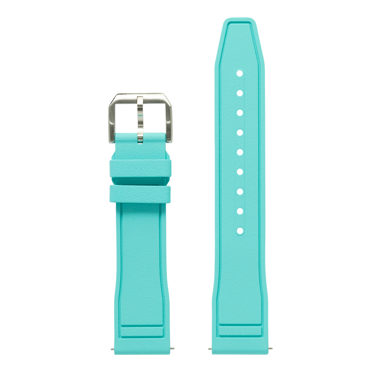 Turquoise FKM rubber watch band with silver buckle and white adjustment holes, displayed front and back view