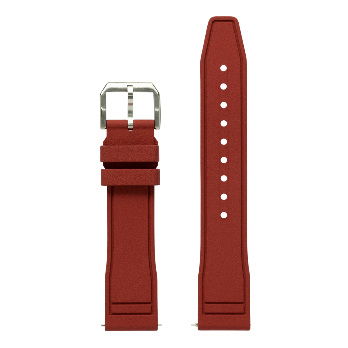 Burgundy FKM rubber watch band with stainless steel buckle and white hour markers, designed for Apple Watch