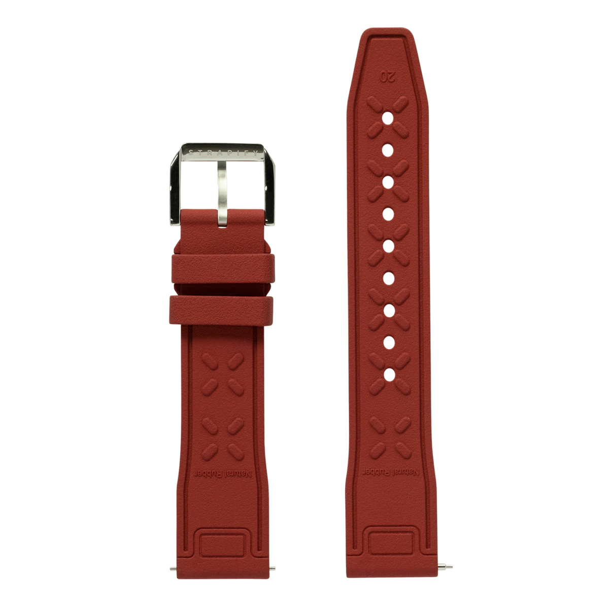 Burgundy FKM rubber watch band with decorative stitching, stainless steel buckle, and quick-release pins for Apple Watch