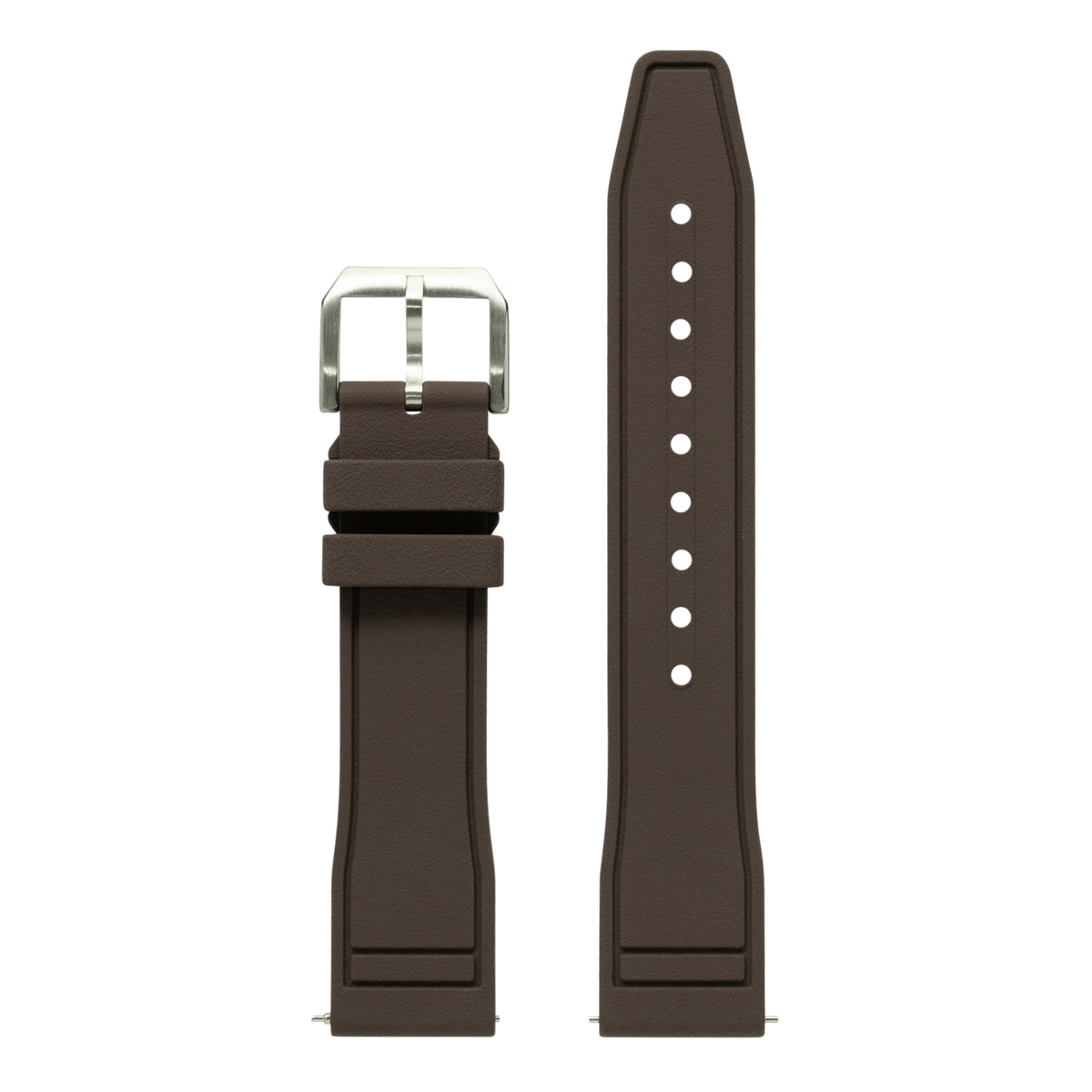 Black FKM rubber watch band with silver buckle and white adjustment holes for Apple Watch