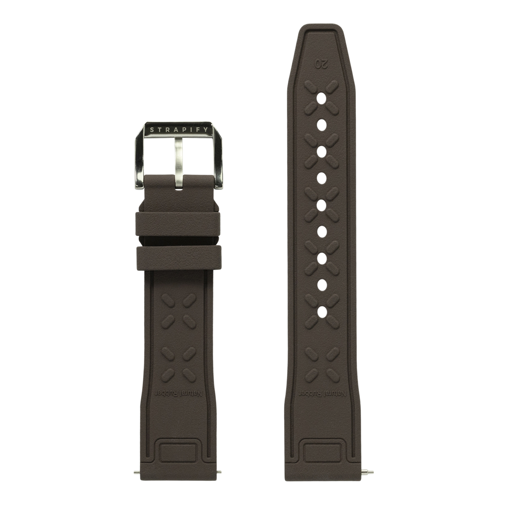 Strapify quick release FKM rubber pilot watch strap in dark brown with stainless steel buckle and embossed pattern