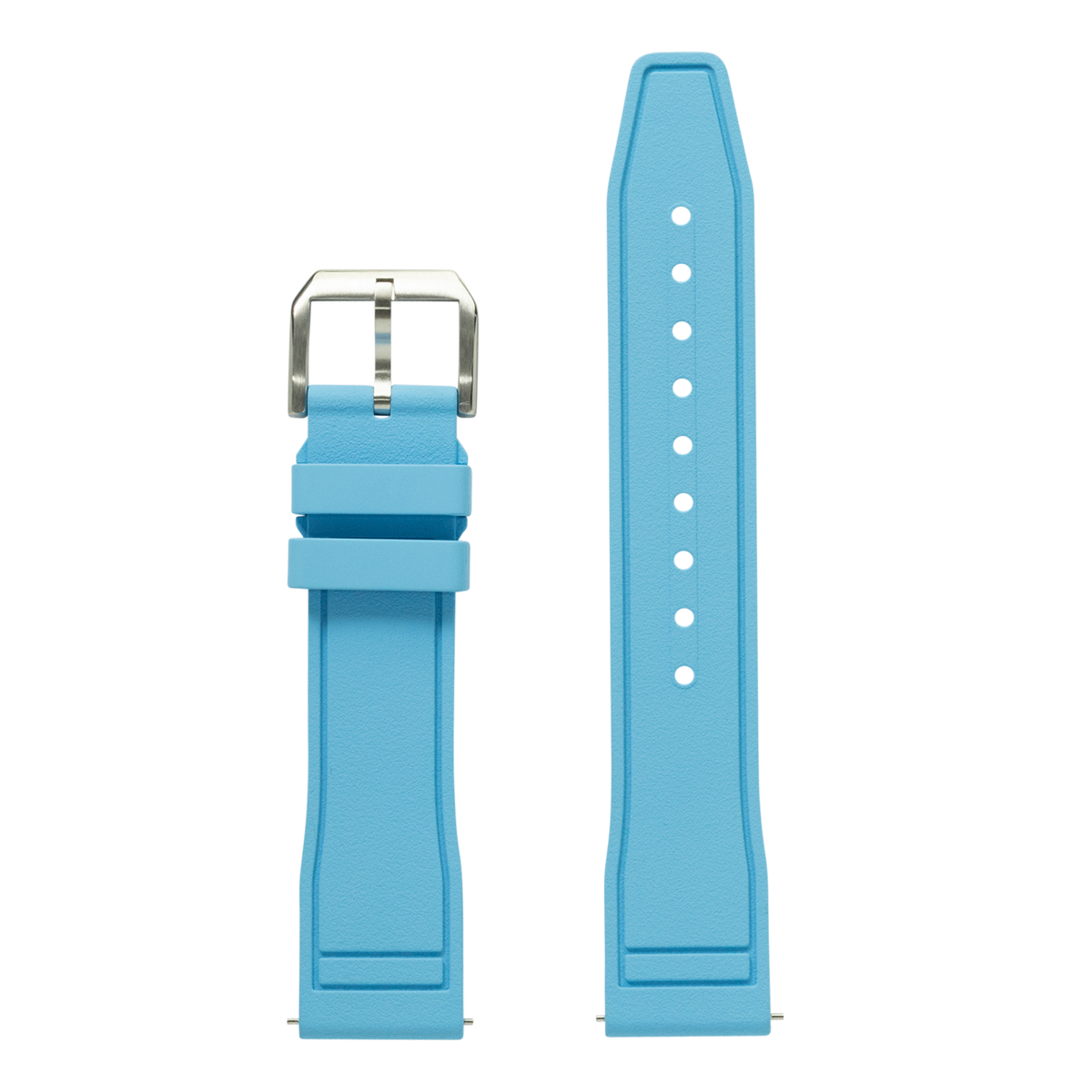 Light blue FKM rubber watch band with stainless steel buckle and adjustment holes for Apple Watch
